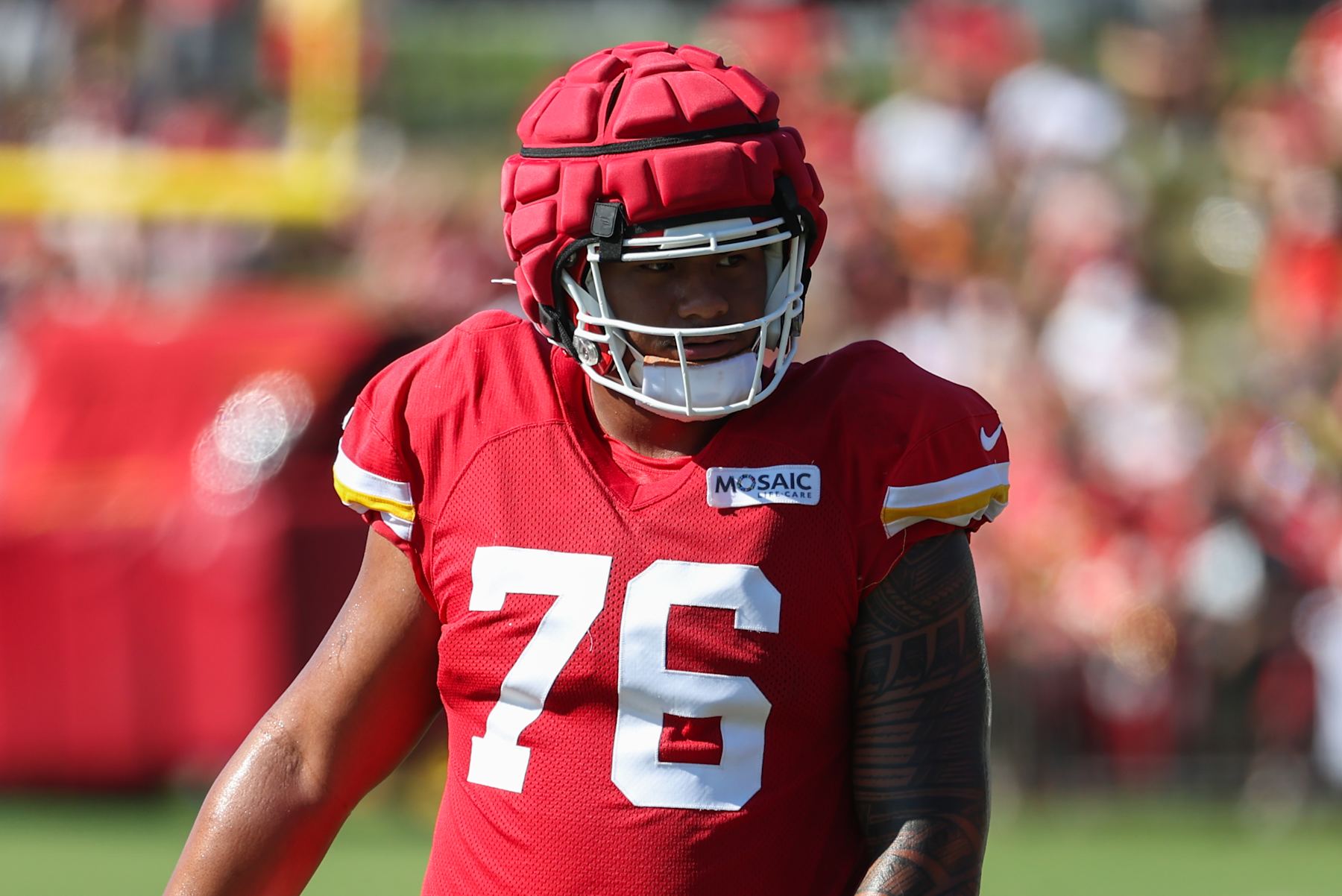 ST. JOSEPH, MO - AUGUST 02: Kansas City Chiefs offensive tackle Kingsley Suamataia (76) during training camp on August 2, 2024 at Missouri Western State University in St. Joseph, MO. (Photo by Scott Winters/Icon Sportswire via Getty Images)