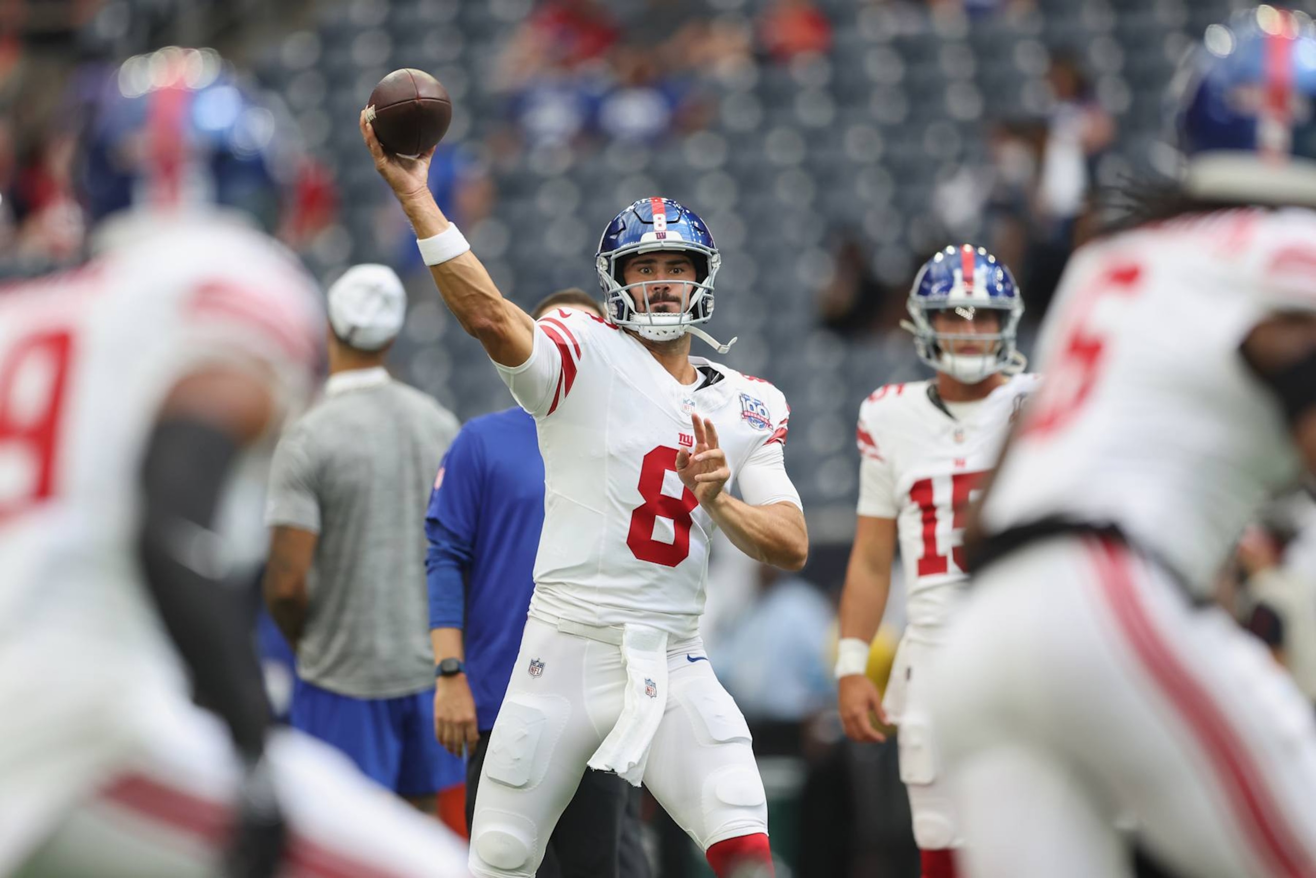 HOUSTON, TEXAS - AUGUST 17: Daniel Jones #8 of the New York Giants throws a pass before the preseason game against the Houston Texans at NRG Stadium on August 17, 2024 in Houston, Texas. (Photo by Tim Warner/Getty Images)