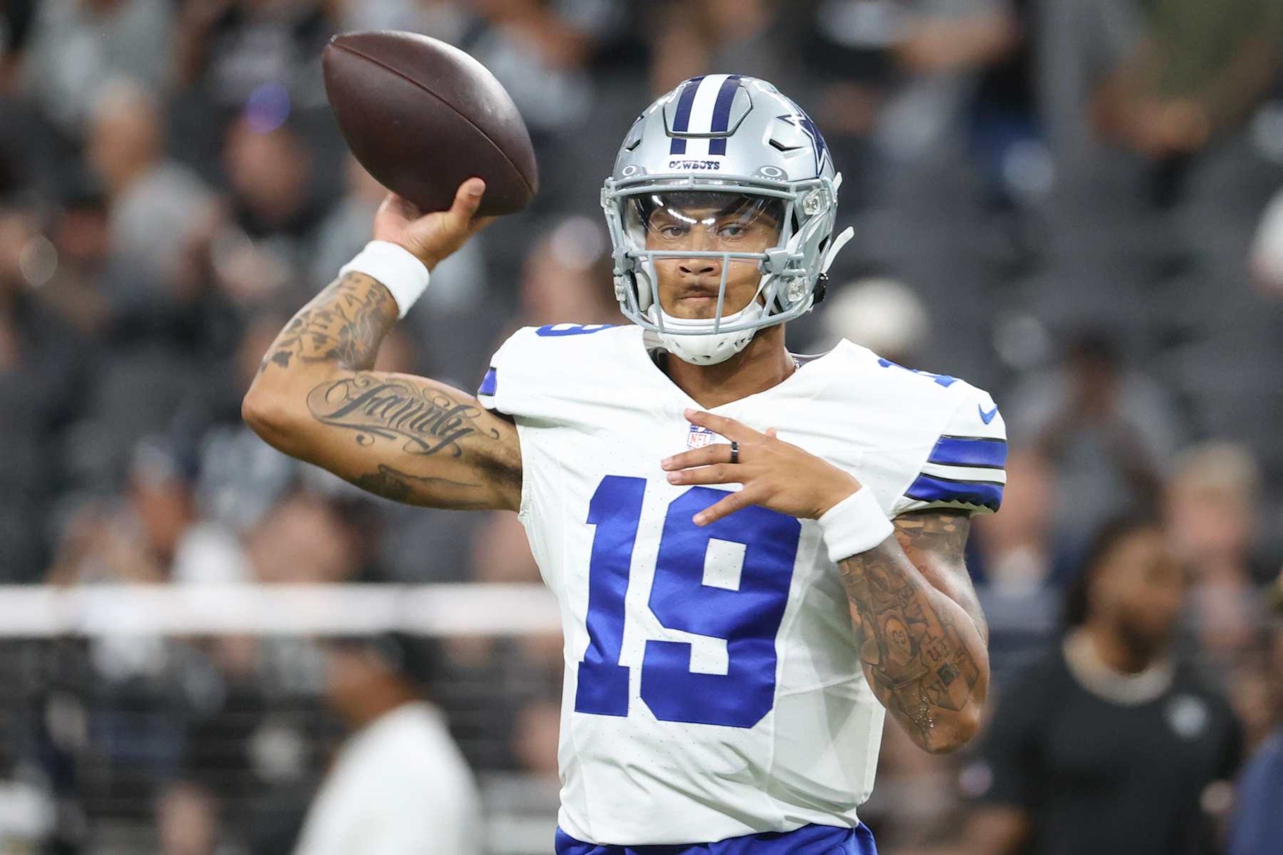 LAS VEGAS, NEVADA - AUGUST 17: Trey Lance #19 of the Dallas Cowboys warms up prior to a preseason game against the Las Vegas Raiders at Allegiant Stadium on August 17, 2024 in Las Vegas, Nevada. (Photo by Ian Maule/Getty Images)