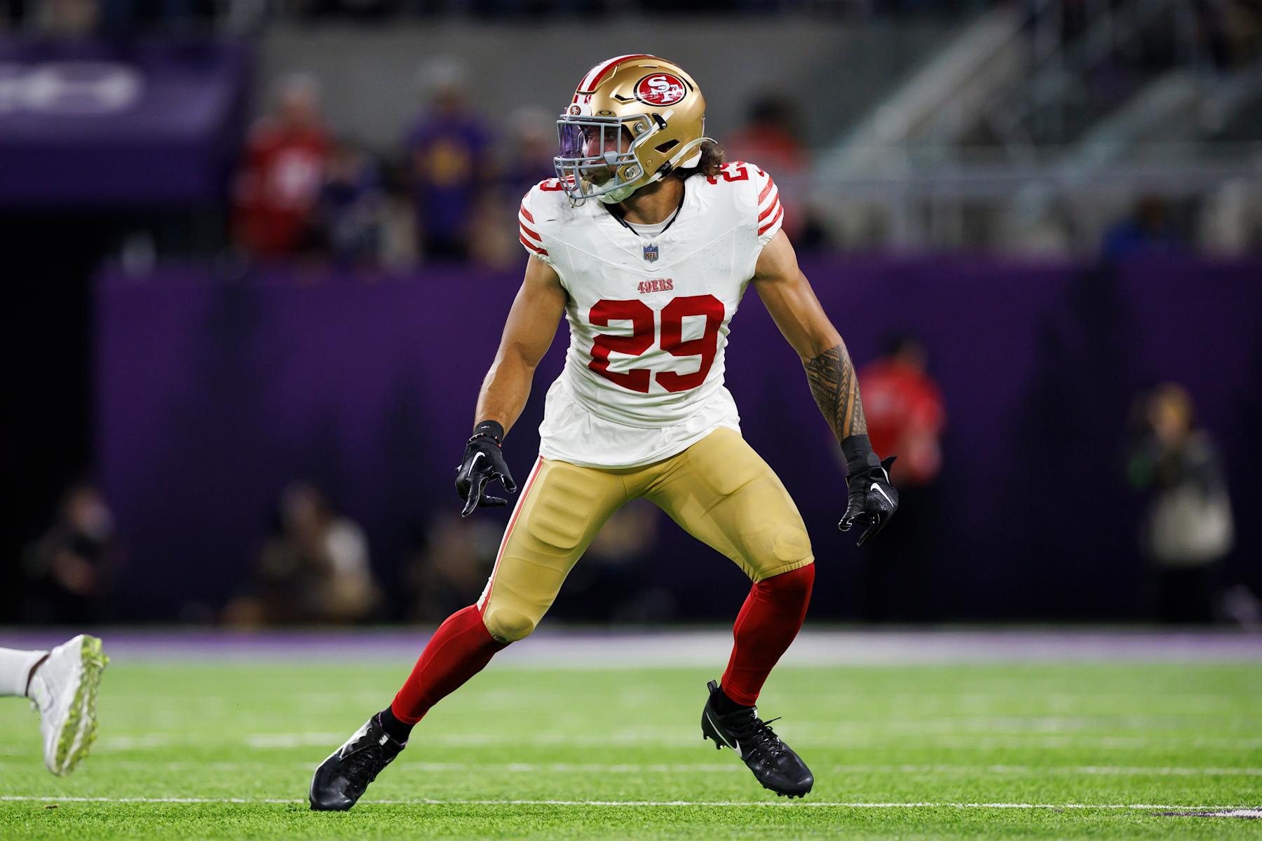 MINNEAPOLIS, MINNESOTA - OCTOBER 23: Talanoa Hufanga #29 of the San Francisco 49ers defends in coverage during an NFL football game against the Minnesota Vikings at U.S. Bank Stadium on October 23, 2023 in Minneapolis, Minnesota. (Photo by Ryan Kang/Getty Images)