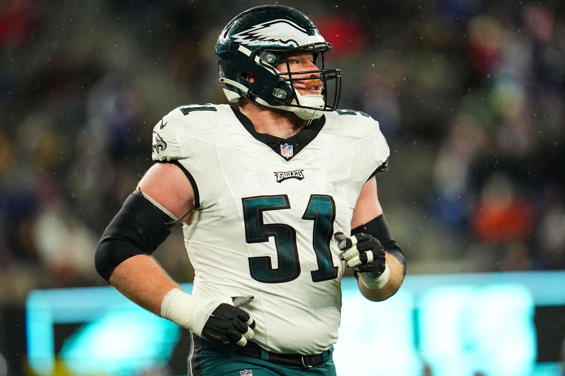 EAST RUTHERFORD, NJ - JANUARY 07: Cam Jurgens #51 of the Philadelphia Eagles looks on from the field during an NFL football game against the New York Giants at MetLife Stadium on January 7, 2024 in East Rutherford, New Jersey. (Photo by Cooper Neill/Getty Images)