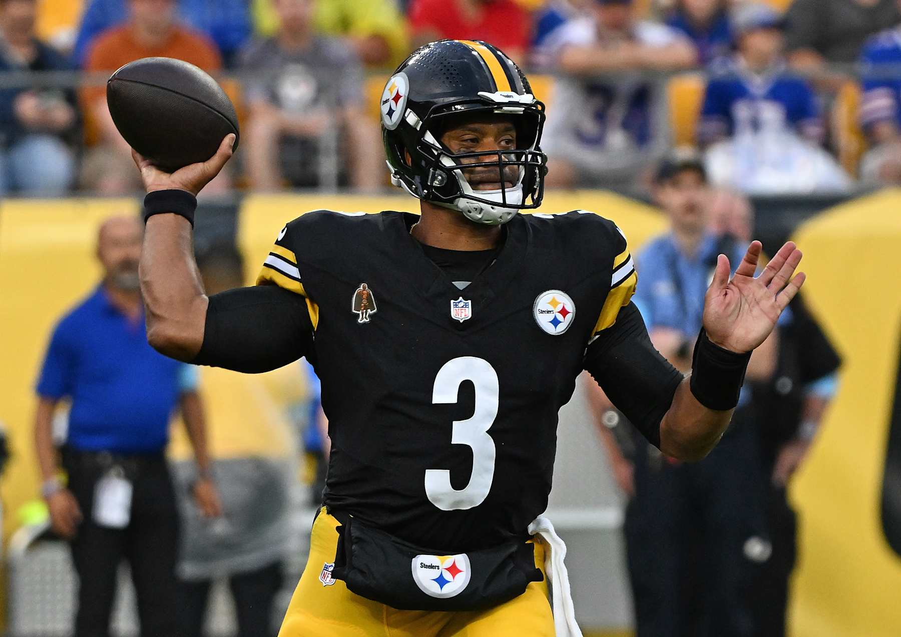 PITTSBURGH, PENNSYLVANIA - AUGUST 17: Russell Wilson #3 of the Pittsburgh Steelers drops back to pass in the first quarter during the preseason game against the Buffalo Bills at Acrisure Stadium on August 17, 2024 in Pittsburgh, Pennsylvania. (Photo by Justin Berl/Getty Images)
