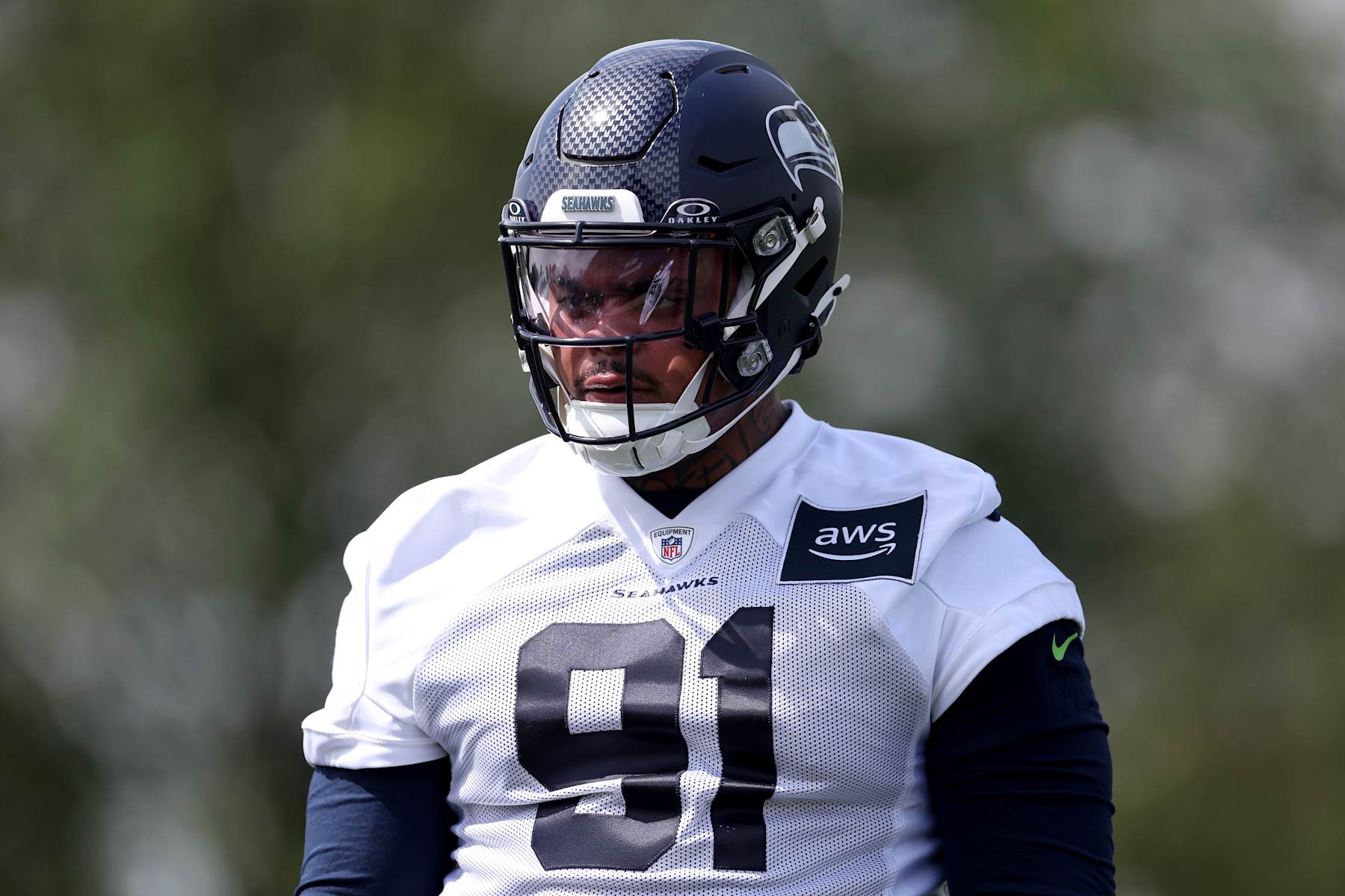 RENTON, WASHINGTON - MAY 03: Byron Murphy II #91 of the Seattle Seahawks works out during Seattle Seahawks rookie minicamp at Virginia Mason Athletic Center on May 03, 2024 in Renton, Washington. (Photo by Steph Chambers/Getty Images)