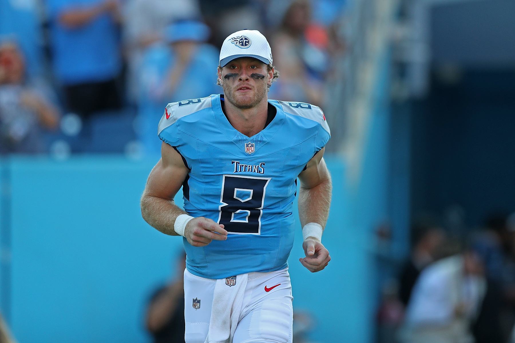 NASHVILLE, TENNESSEE - AUGUST 10: Will Levis #8 of the Tennessee Titans during the game against the San Francisco 49ers at Nissan Stadium on August 10, 2024 in Nashville, Tennessee. (Photo by Justin Ford/Getty Images)