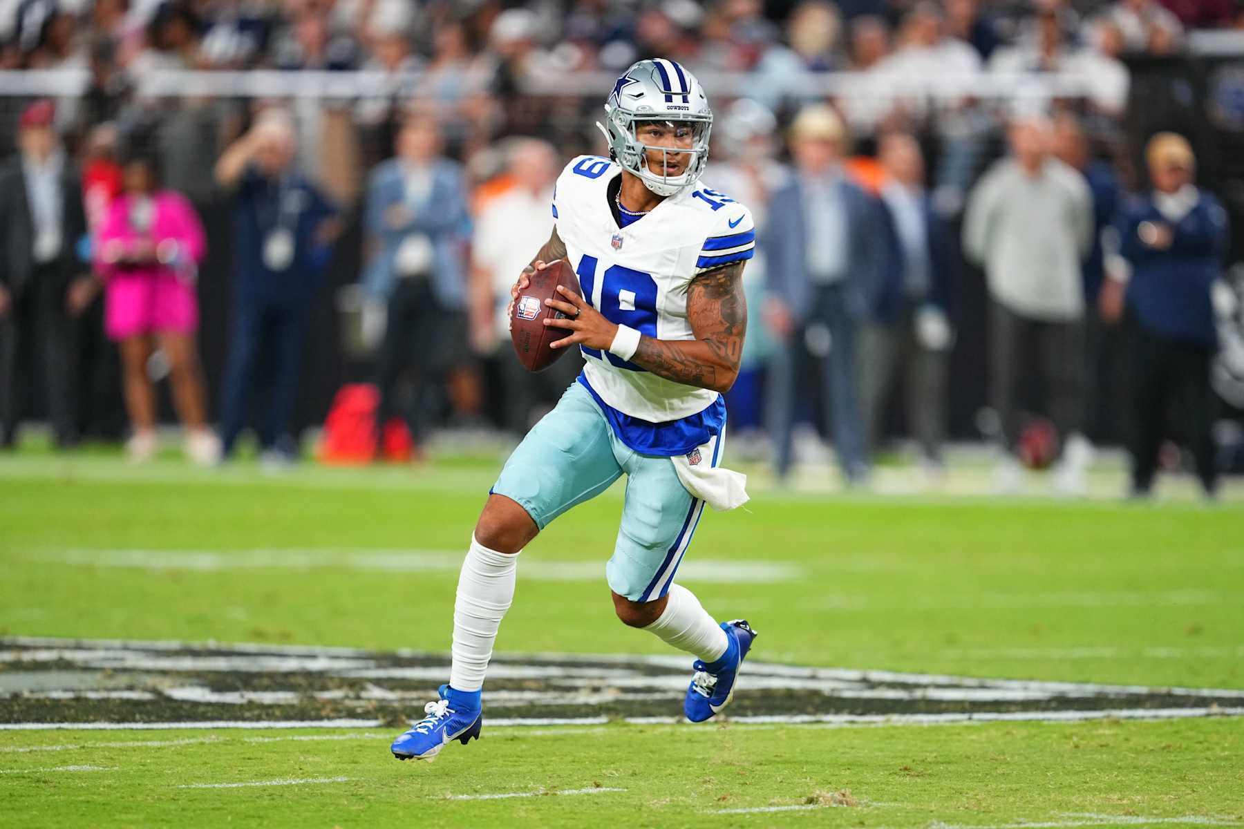 LAS VEGAS, NEVADA - AUGUST 17:  Quarterback Trey Lance #19 of the Dallas Cowboys throws against the Las Vegas Raiders during the first half of a game at Allegiant Stadium on August 17, 2024 in Las Vegas, Nevada.  (Photo by Chris Unger/Getty Images)
