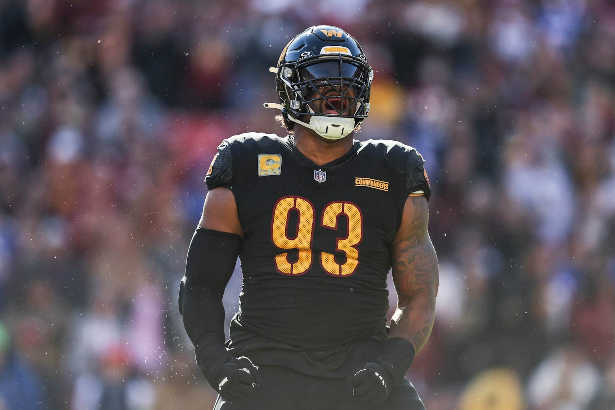 LANDOVER, MARYLAND - NOVEMBER 19: Jonathan Allen #93 of the Washington Commanders celebrates after making a sack during an NFL football game between the Washington Commanders and the New York Giants at FedExField on November 19, 2023 in Landover, Maryland. (Photo by Michael Owens/Getty Images)