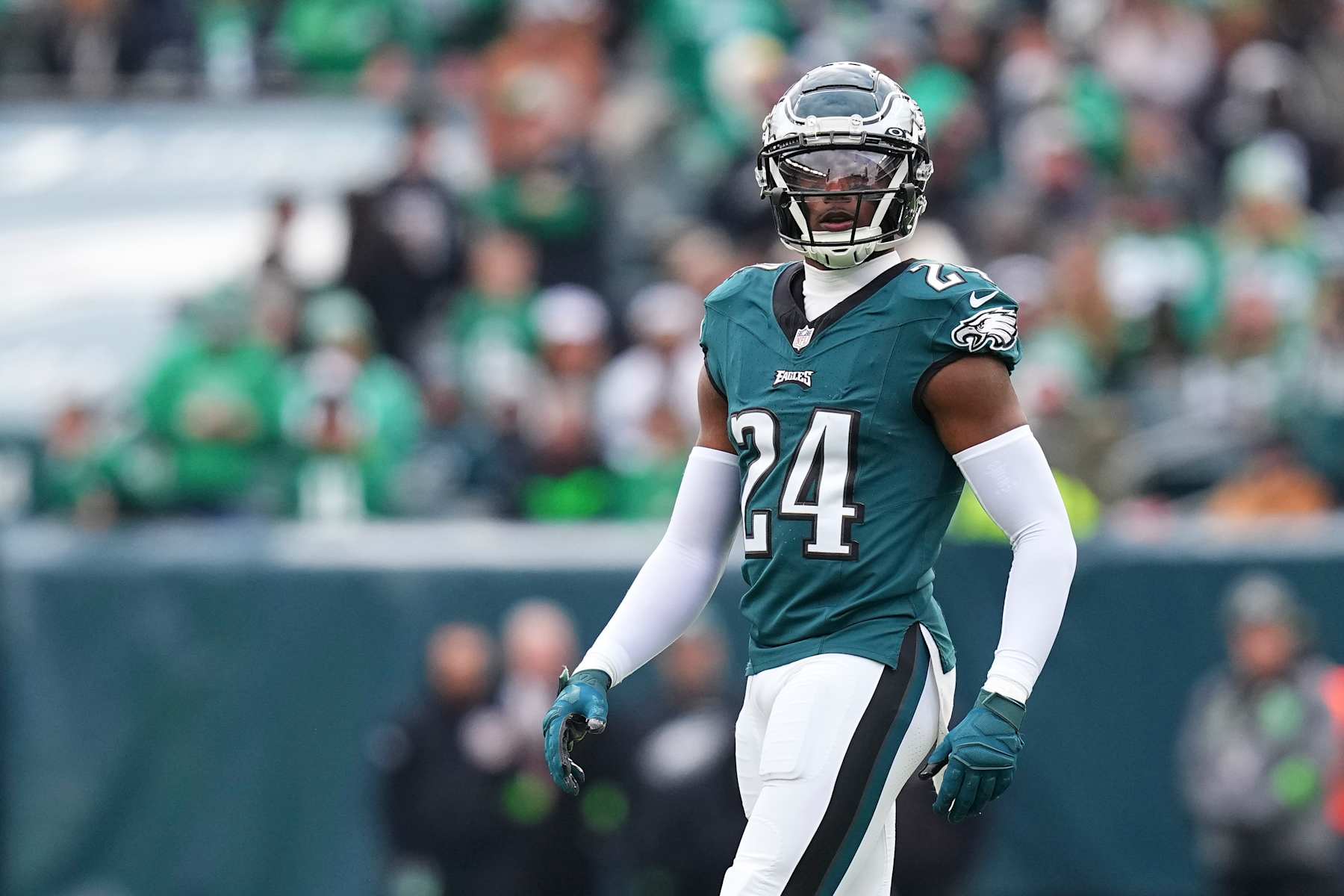 PHILADELPHIA, PENNSYLVANIA - DECEMBER 31: James Bradberry #24 of the Philadelphia Eagles looks on against the Arizona Cardinals at Lincoln Financial Field on December 31, 2023 in Philadelphia, Pennsylvania. (Photo by Mitchell Leff/Getty Images)