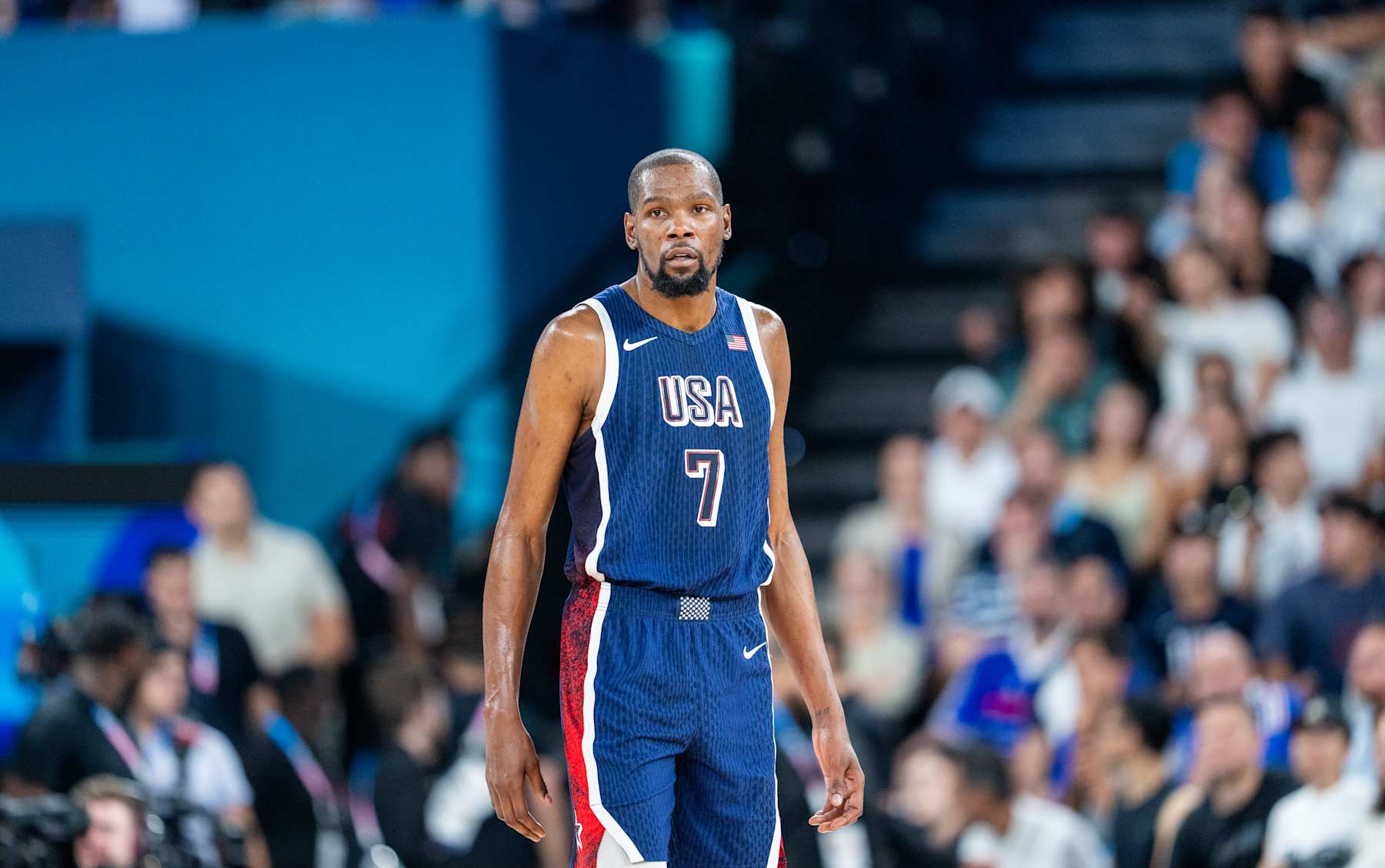 PARIS, FRANCE - AUGUST 10: Kevin Durant (7) of Team United States looks on during the Men's Gold Medal game between Team France and Team United States on day fifteen of the Olympic Games Paris 2024 at Bercy Arena on August 10, 2024 in Paris, France. (Photo by Aytac Unal/Anadolu via Getty Images)