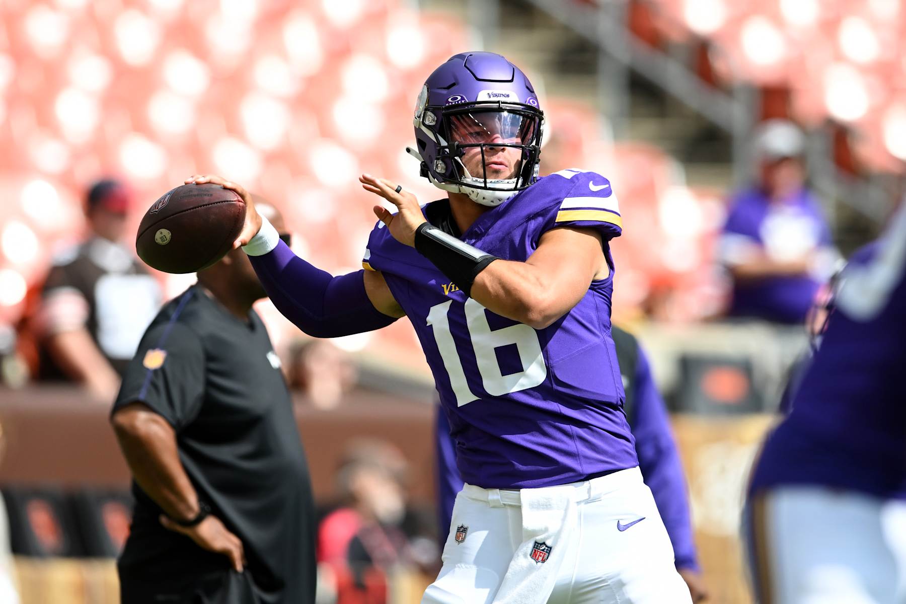 CLEVELAND, OHIO - AUGUST 17: Jaren Hall #16 of the Minnesota Vikings warms up prior to a preseason game against the Cleveland Browns at Cleveland Browns Stadium on August 17, 2024 in Cleveland, Ohio. (Photo by Nick Cammett/Getty Images)