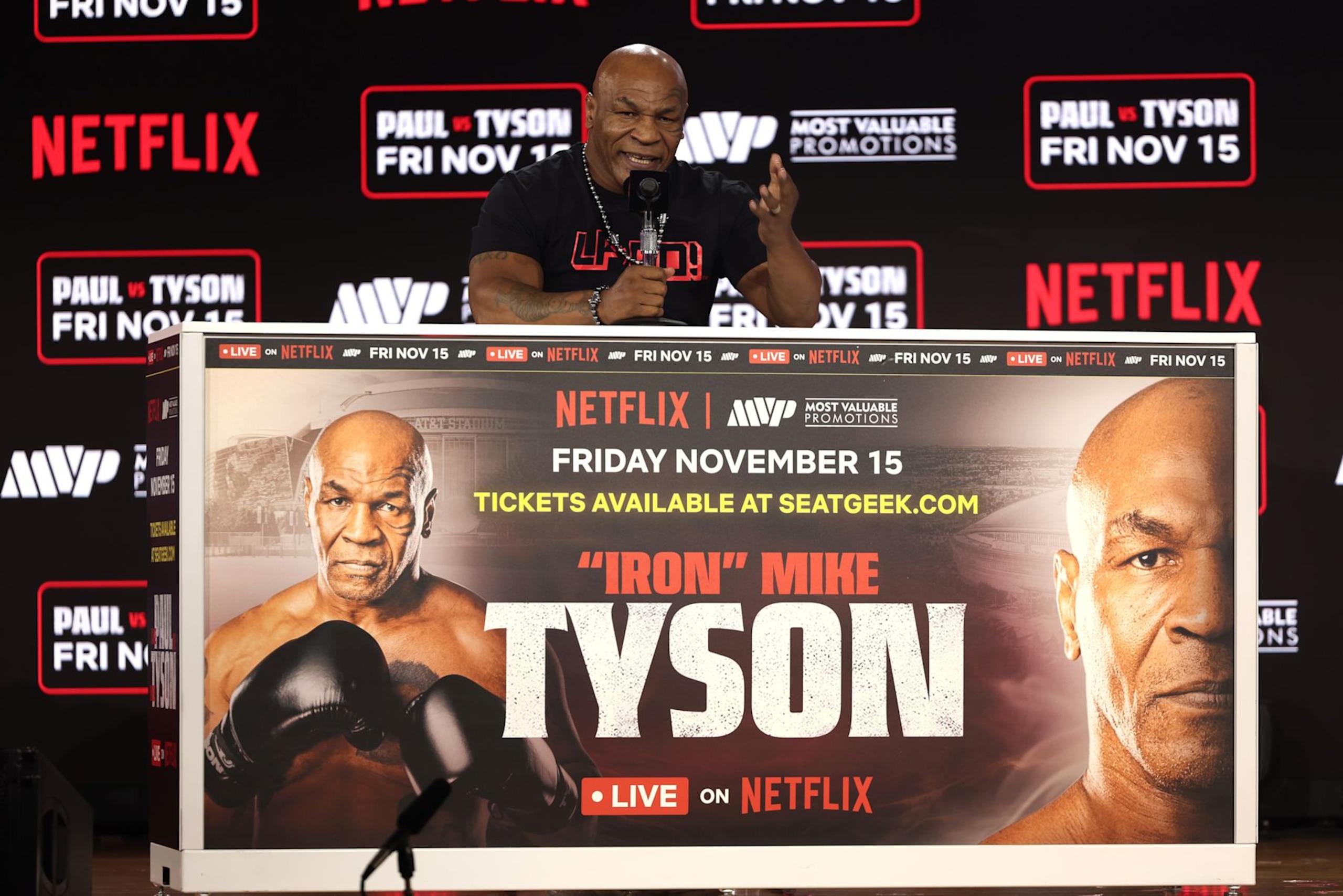 NEW YORK, NEW YORK - AUGUST 18: Mike Tyson speaks during Fanatics Fest Press Conference at Javits Center on August 18, 2024 in New York City. (Photo by Michael Loccisano/Getty Images)