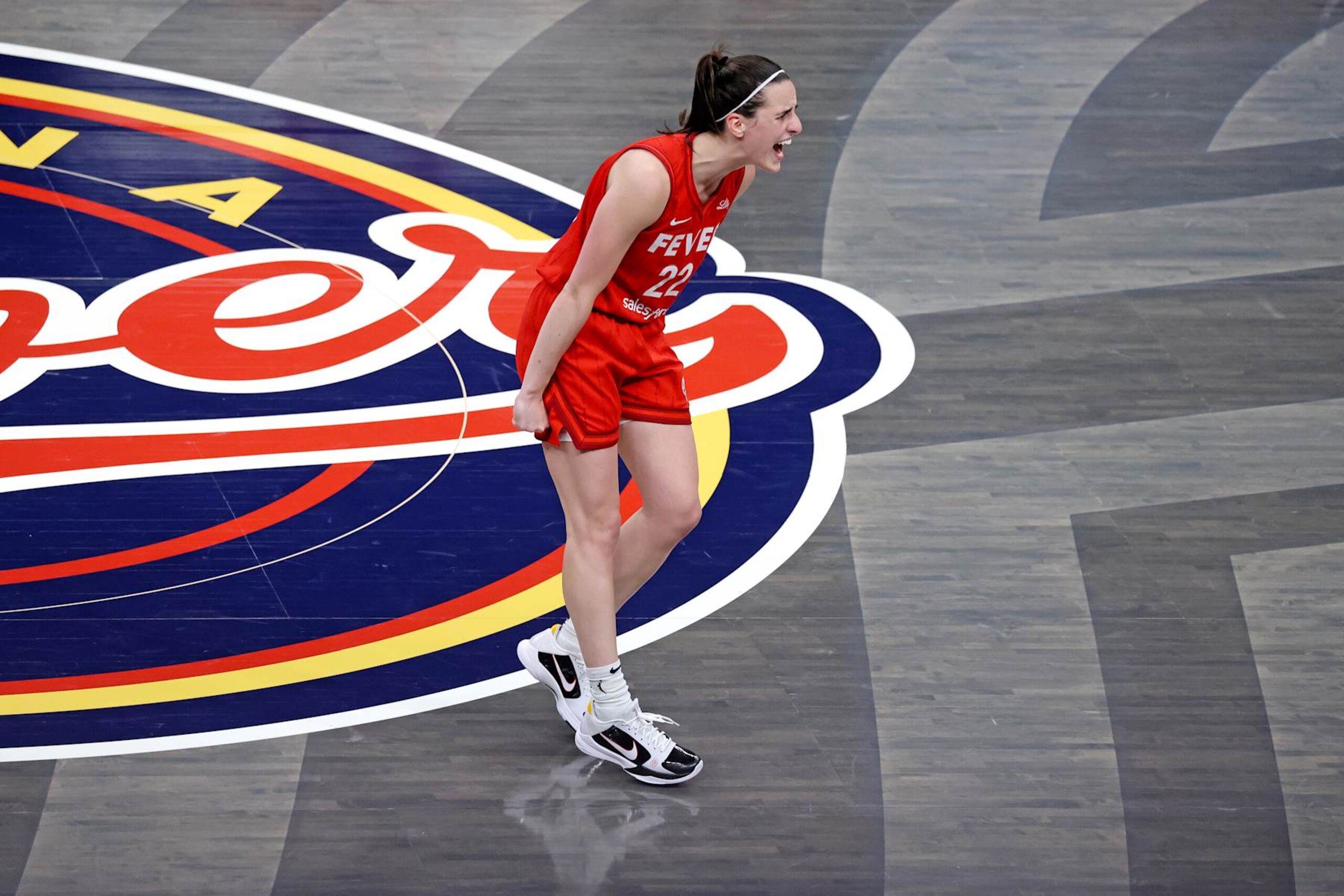 INDIANAPOLIS, IN - AUGUST 16: Indiana Fever guard Caitlin Clark (22) reacts to a play against the Phoenix Mercury at Gainbridge Fieldhouse on August 16, 2024 in Indianapolis, Indiana. (Photo by Brian Spurlock/Icon Sportswire via Getty Images)