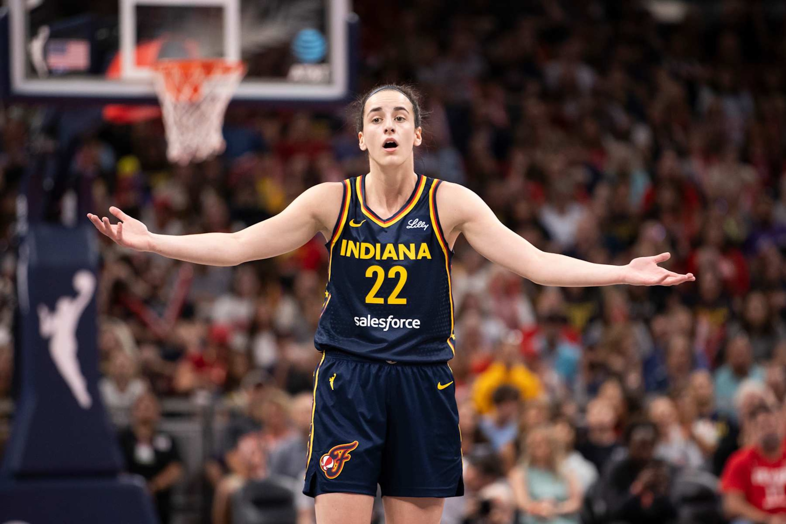 INDIANAPOLIS, INDIANA - AUGUST 18: Caitlin Clark #22 of the Indiana Fever reacts to a foul called in the first half of the game against the Seattle Storm at Gainbridge Fieldhouse on August 18, 2024 in Indianapolis, Indiana. NOTE TO USER: User expressly acknowledges and agrees that, by downloading and or using this photograph, User is consenting to the terms and conditions of the Getty Images License Agreement.(Photo by Chet White/Getty Images)