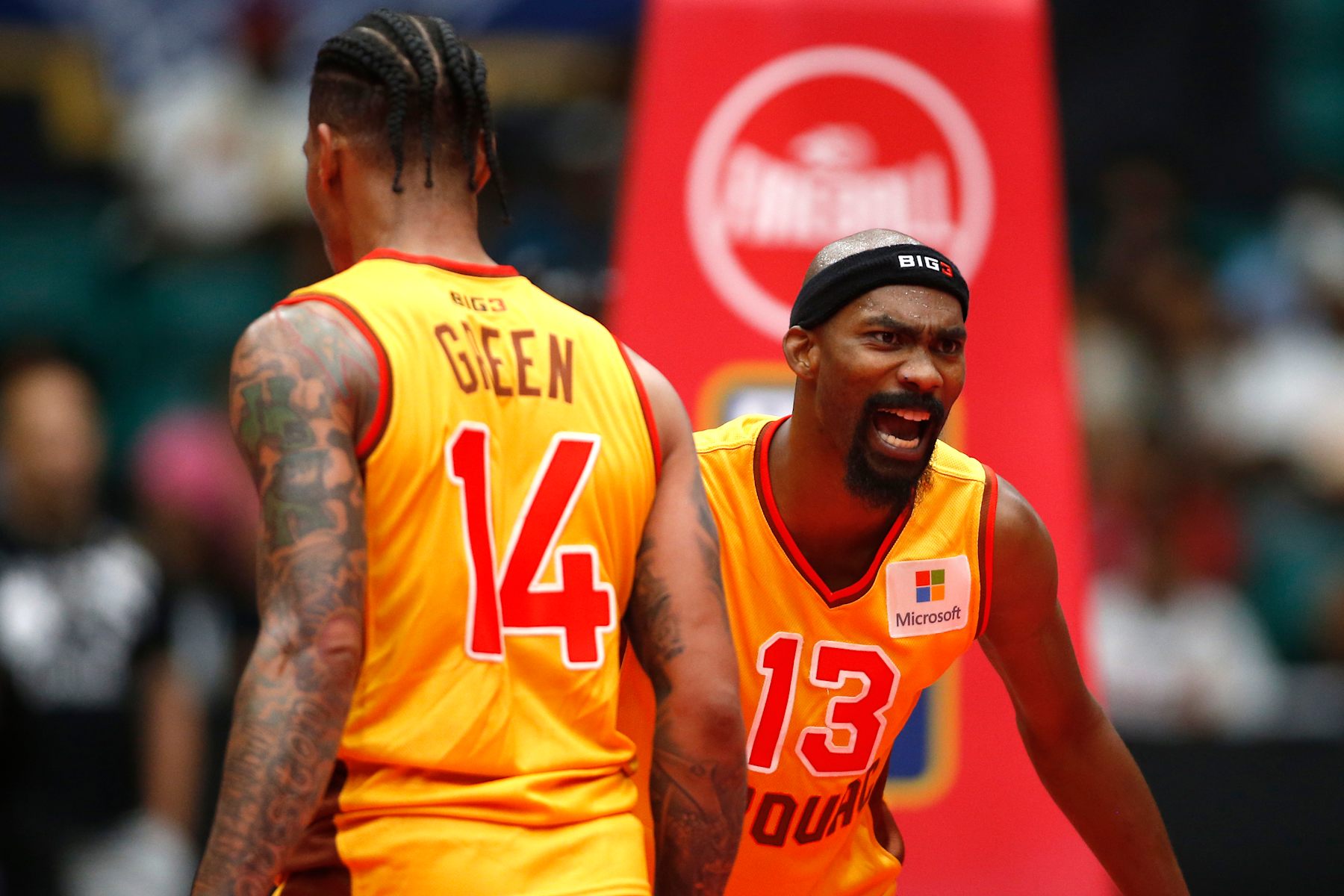 FRISCO, TEXAS - JULY 24: Corey Brewer #13 of Bivouac reacts with Gerald Green #14 of Bivouac during a game against the Killer 3's during BIG3 Week Six at Comerica Center on July 24, 2022 in Frisco, Texas. (Photo by Tim Heitman/Getty Images)