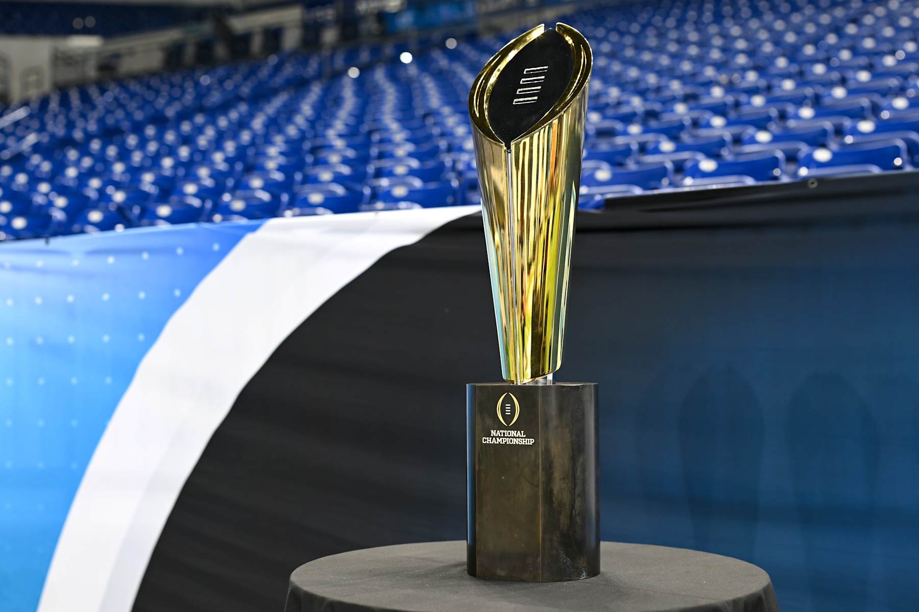 INDIANAPOLIS, IN - JULY 23: The College Football Playoff (CFP) Championship trophy sits on display during the 2024 Big Ten Media Days on July 23, 2024 at Lucas Oil Stadium in Indianapolis, IN. (Photo by James Black/Icon Sportswire via Getty Images)