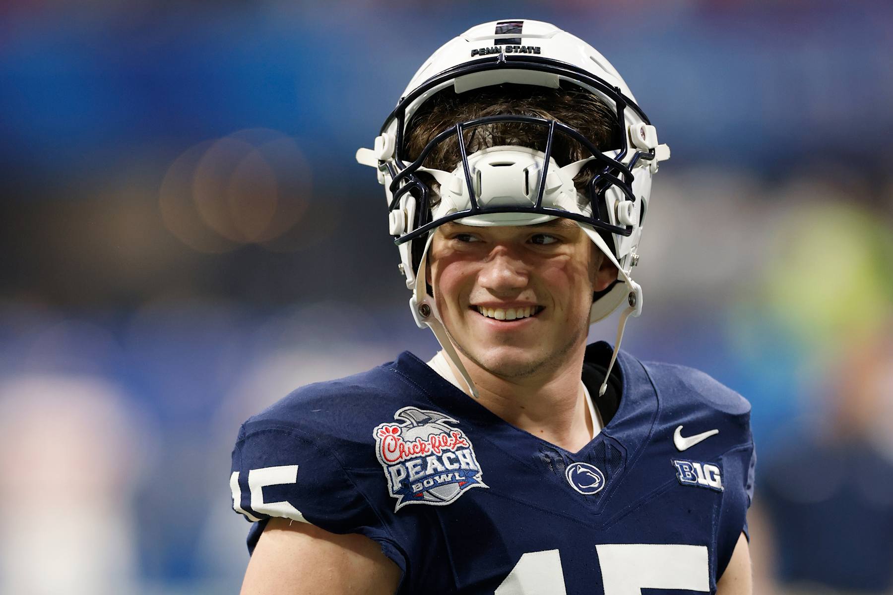 ATLANTA, GA - DECEMBER 30: Penn State Nittany Lions quarterback Drew Allar (15) looks on before the Chick-fil-A Peach Bowl against the Mississippi Rebels on December 30, 2023 at Mercedes-Benz Stadium in Atlanta, Georgia. (Photo by Joe Robbins/Icon Sportswire via Getty Images)