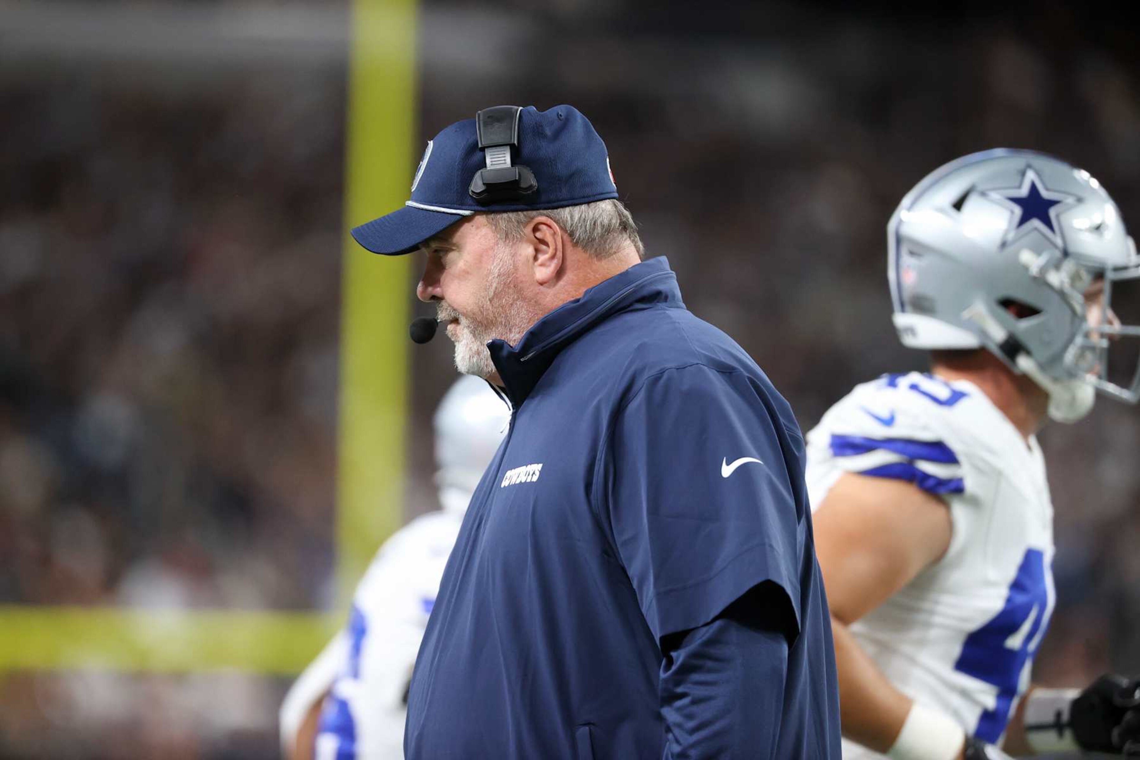LAS VEGAS, NEVADA - AUGUST 17: Head coach Mike McCarthy of the Dallas Cowboys looks on during a preseason game against the Las Vegas Raiders at Allegiant Stadium on August 17, 2024 in Las Vegas, Nevada.  (Photo by Ian Maule/Getty Images)