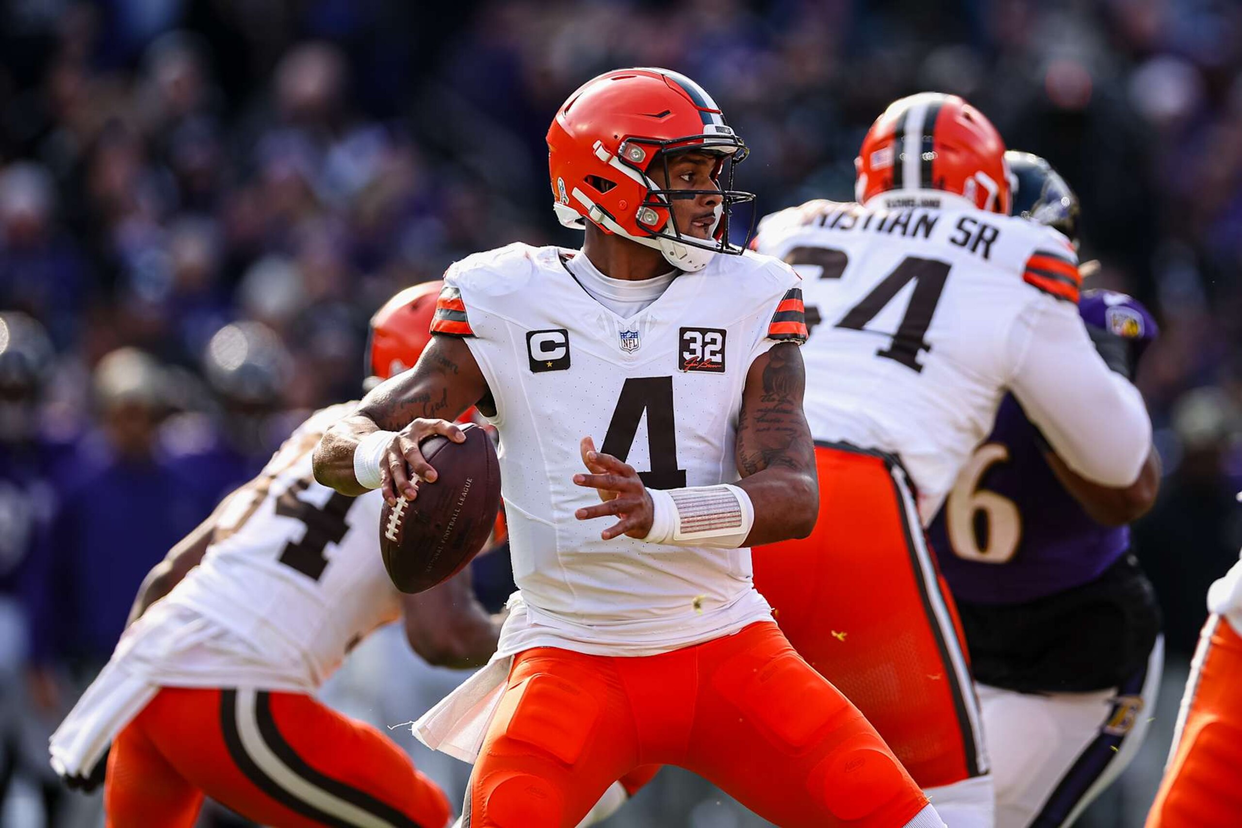 BALTIMORE, MD - NOVEMBER 12: Deshaun Watson #4 of the Cleveland Browns looks to pass against the Baltimore Ravens during the first half at M&T Bank Stadium on November 12, 2023 in Baltimore, Maryland. (Photo by Scott Taetsch/Getty Images)