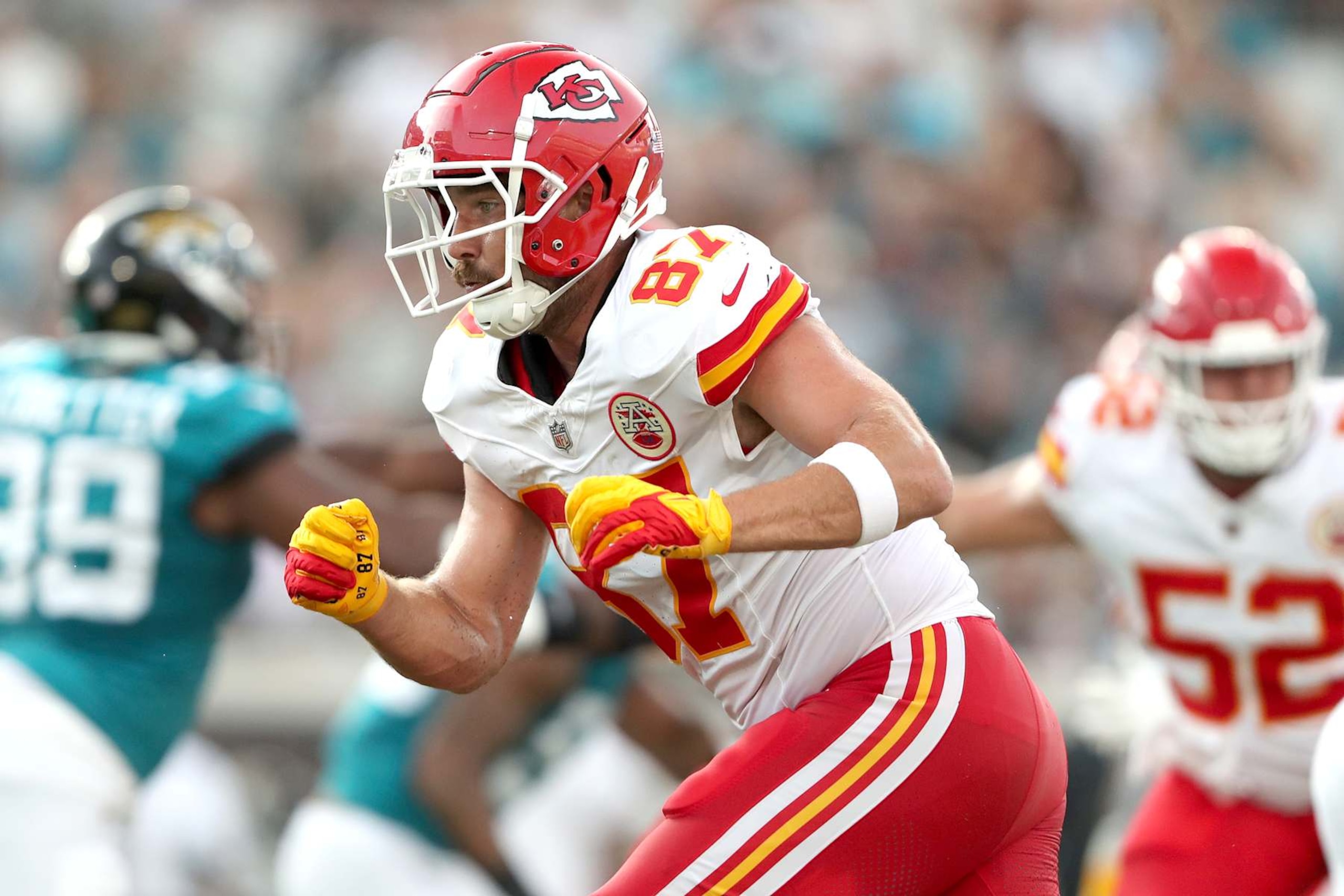 JACKSONVILLE, FLORIDA - AUGUST 10: Travis Kelce #87 of the Kansas City Chiefs in action during the first half of the NFL preseason game against the Jacksonville Jaguars at EverBank Stadium on August 10, 2024 in Jacksonville, Florida. (Photo by Courtney Culbreath/Getty Images)