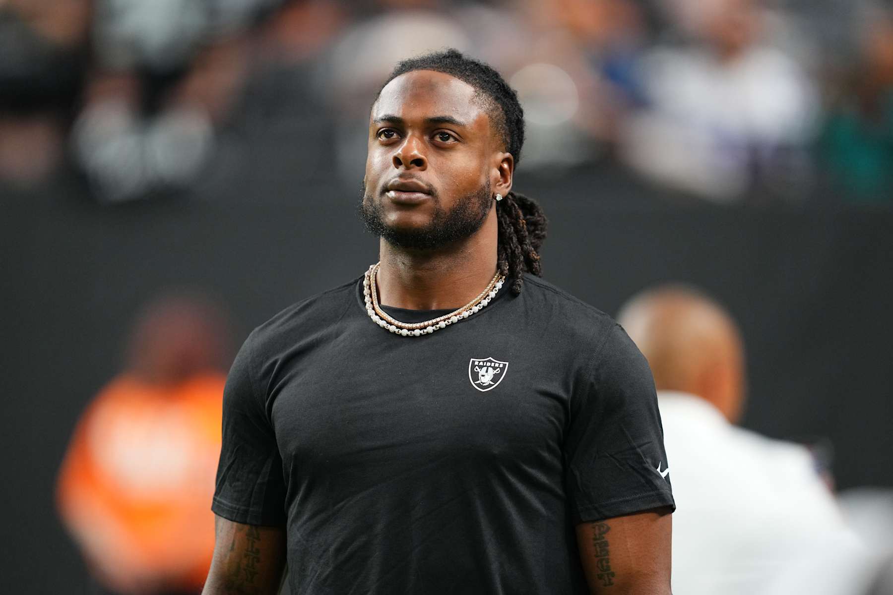 LAS VEGAS, NEVADA - AUGUST 17:  Wide receiver Davante Adams #17 of the Las Vegas Raiders looks on before a preseason game against the Dallas Cowboys at Allegiant Stadium on August 17, 2024 in Las Vegas, Nevada.  (Photo by Chris Unger/Getty Images)