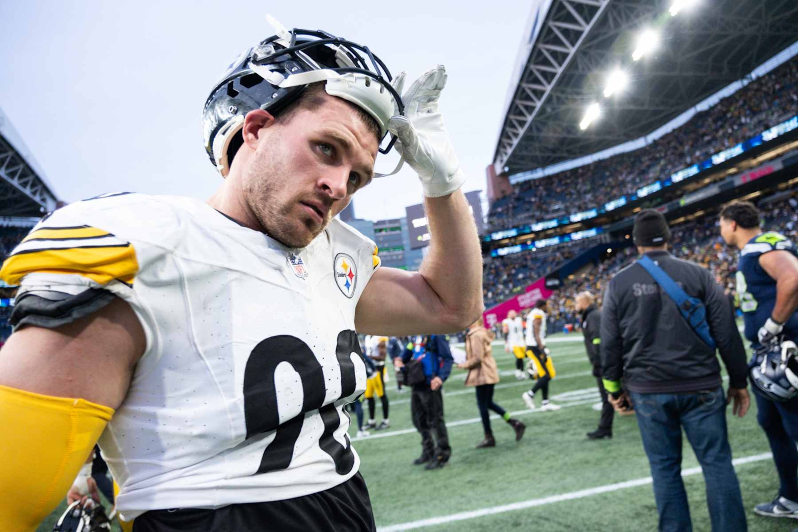 SEATTLE, WASHINGTON - DECEMBER 31: T.J. Watt #90 of the Pittsburgh Steelers walks off the field at Lumen Field on December 31, 2023 in Seattle, Washington. (Photo by Conor Courtney/Getty Images)