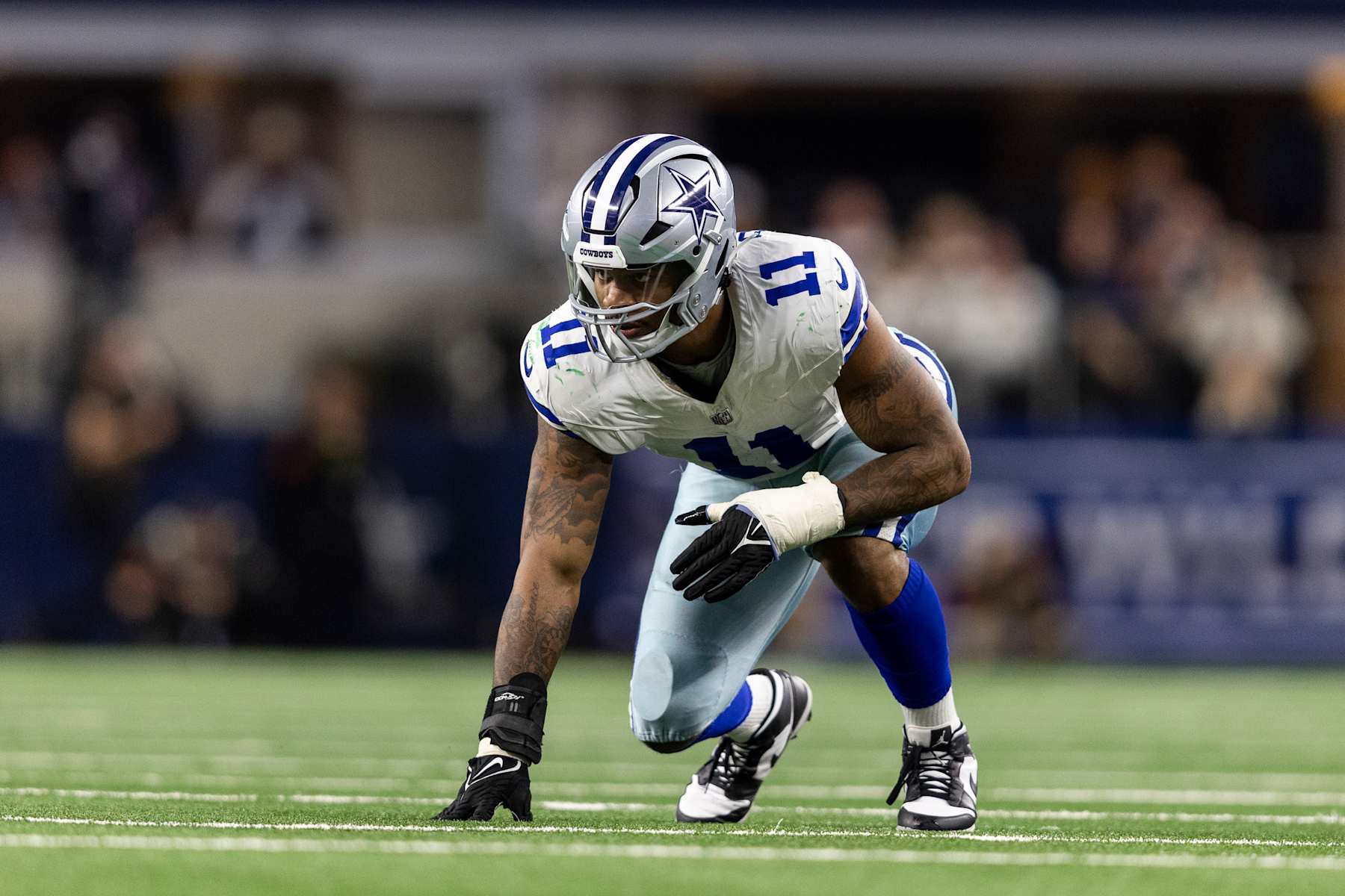 ARLINGTON, TEXAS - JANUARY 14: Micah Parsons #11 of the Dallas Cowboys lines up during an NFL wild-card playoff football game between the Dallas Cowboys and the Green Bay Packers at AT&T Stadium on January 14, 2024 in Arlington, Texas. (Photo by Michael Owens/Getty Images)
