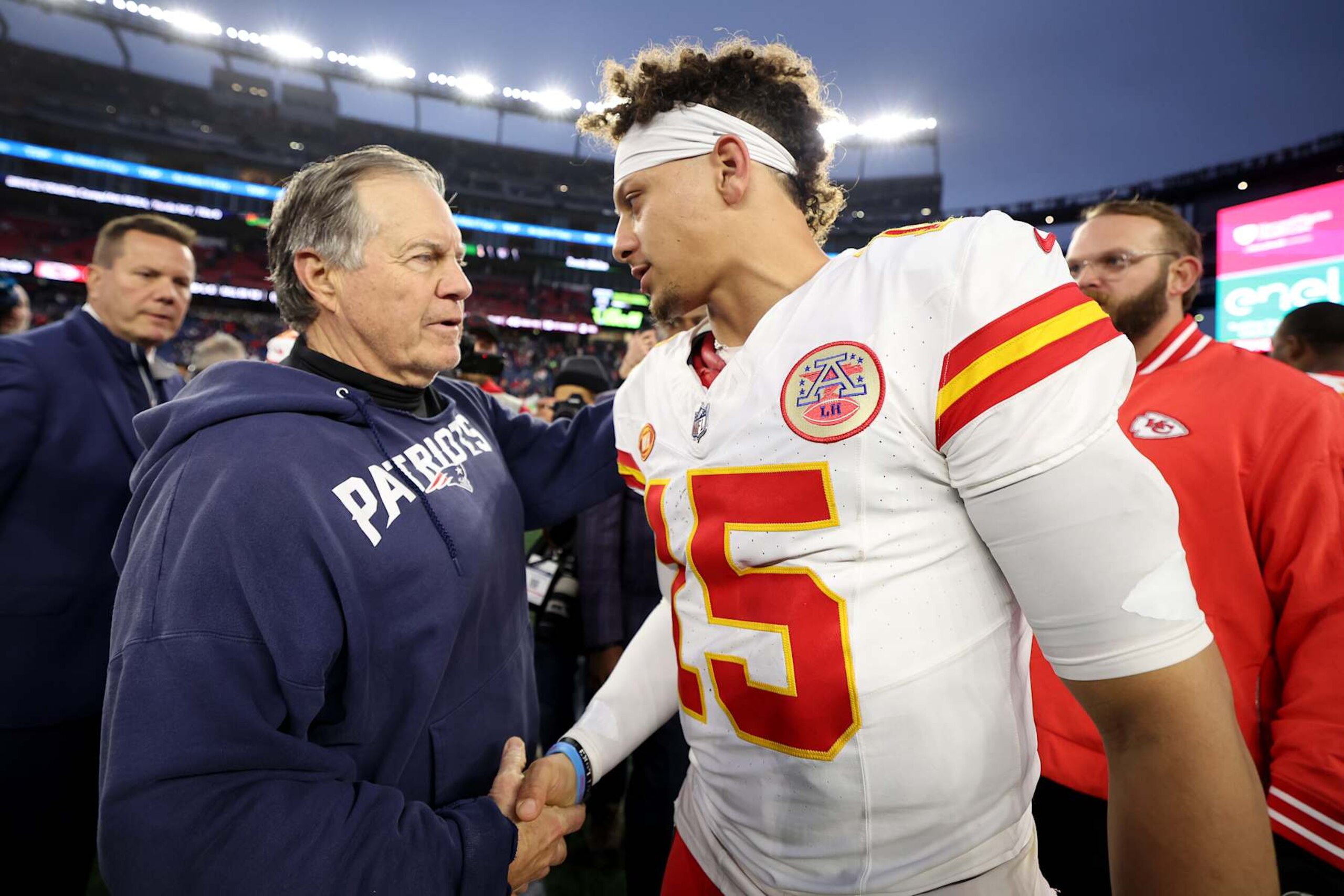 FOXBOROUGH, MASSACHUSETTS - DECEMBER 17: Head coach Bill Belichick of the New England Patriots and Patrick Mahomes #15 of the Kansas City Chiefs shake hands after Kansas City's 27-17 win at Gillette Stadium on December 17, 2023 in Foxborough, Massachusetts. (Photo by Maddie Meyer/Getty Images)