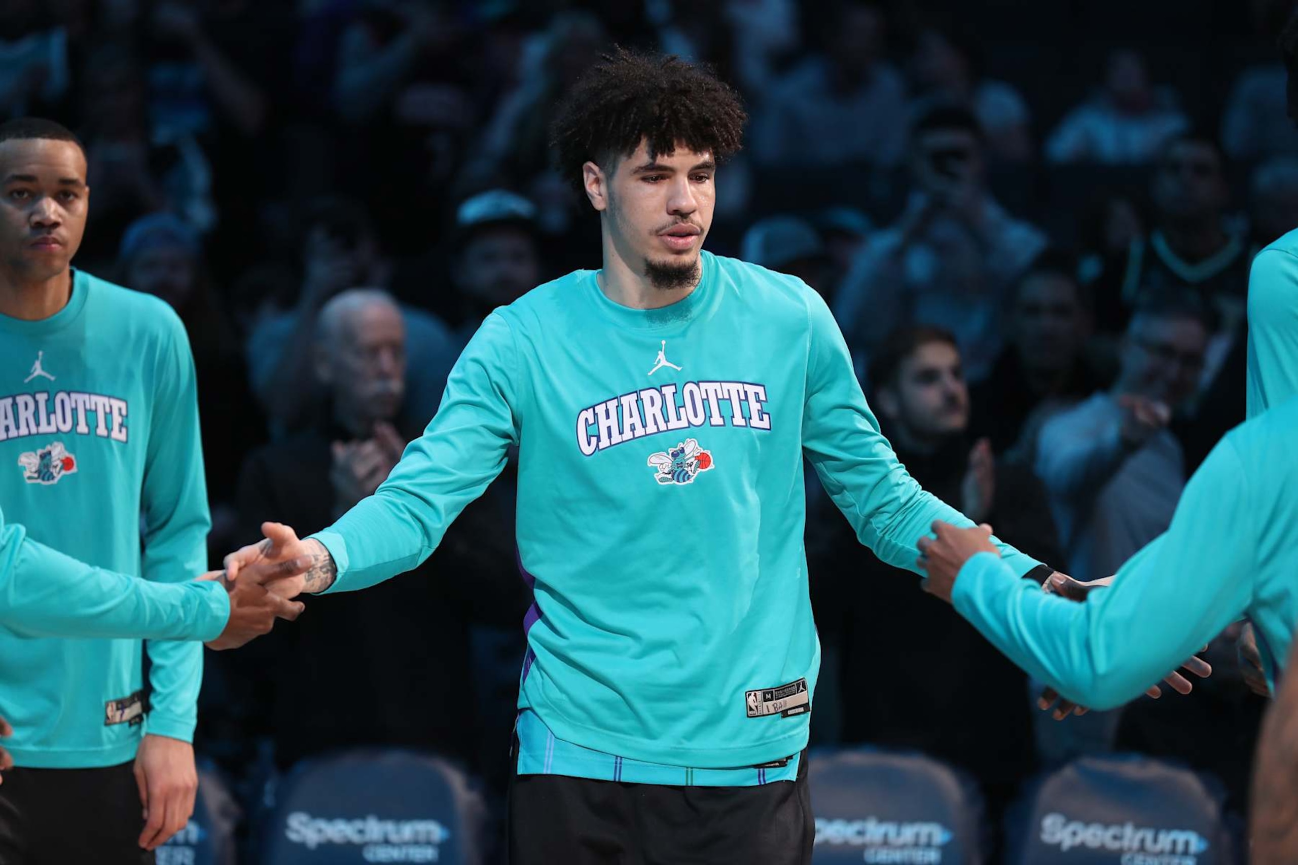 CHARLOTTE, NC - JANUARY 26:  LaMelo Ball #1 of the Charlotte Hornets is introduced before the game against the Houston Rockets on January 26, 2024 at Spectrum Center in Charlotte, North Carolina. NOTE TO USER: User expressly acknowledges and agrees that, by downloading and or using this photograph, User is consenting to the terms and conditions of the Getty Images License Agreement.  Mandatory Copyright Notice:  Copyright 2024 NBAE (Photo by Brock Williams-Smith/NBAE via Getty Images)
