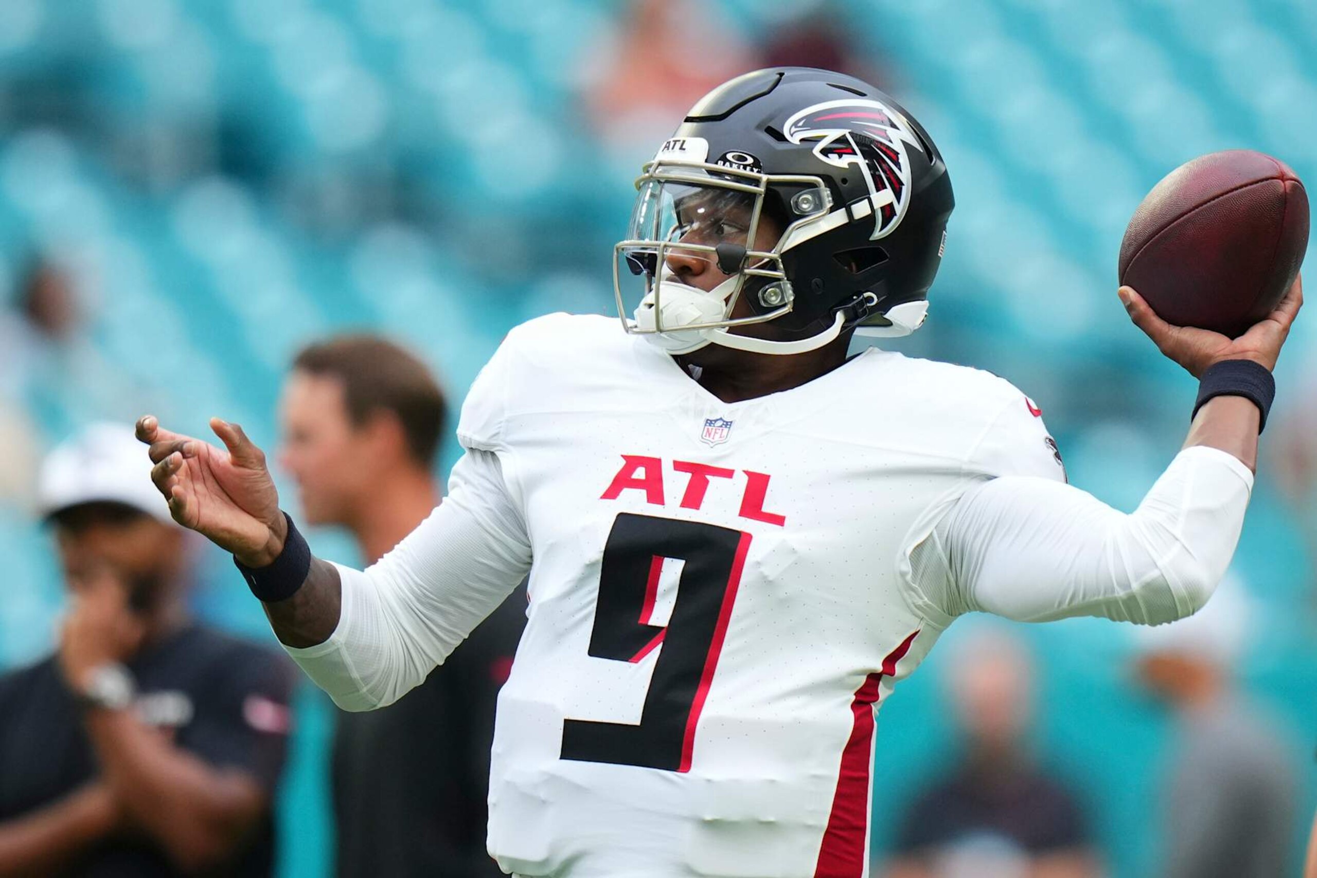 MIAMI GARDENS, FLORIDA - AUGUST 09: Michael Penix Jr. #9 of the Atlanta Falcons warms up prior to a preseason game against the Miami Dolphins at Hard Rock Stadium on August 09, 2024 in Miami Gardens, Florida. (Photo by Rich Storry/Getty Images)