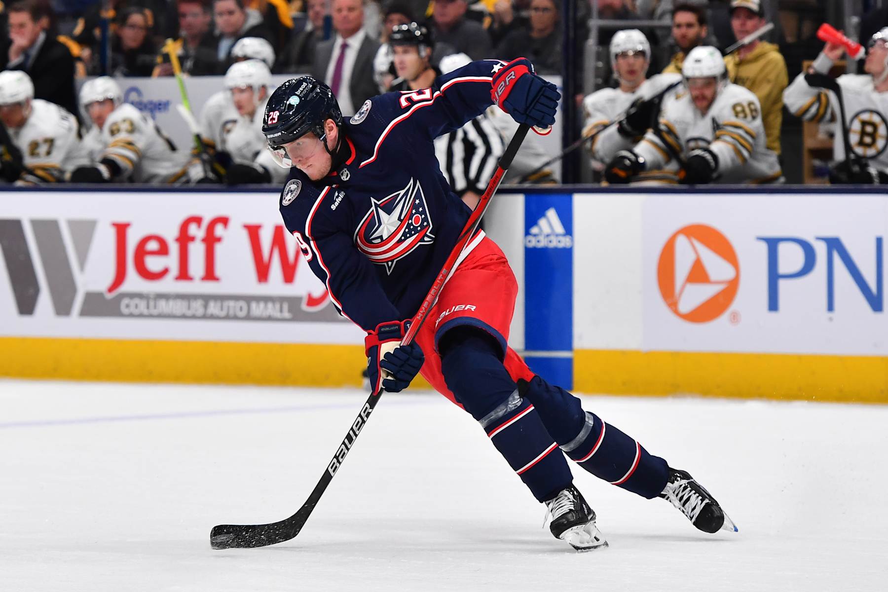 COLUMBUS, OHIO - NOVEMBER 27: Patrik Laine #29 of the Columbus Blue Jackets skates with the puck during the second period of a game against the Boston Bruins at Nationwide Arena on November 27, 2023 in Columbus, Ohio. (Photo by Ben Jackson/NHLI via Getty Images)