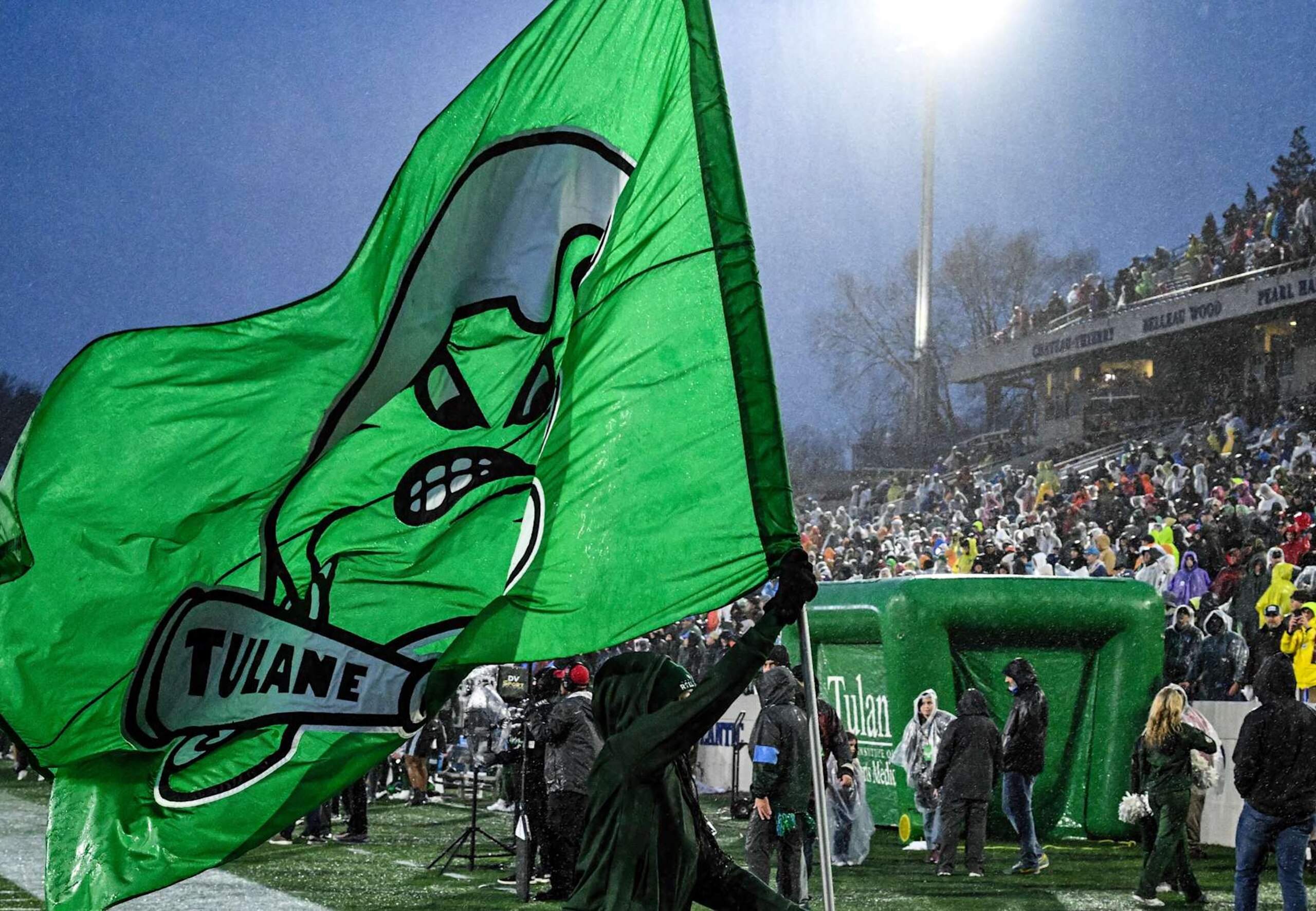 ANNAPOLIS, MD - DECEMBER 27:  A Tulane Green Wave cheerleader celebrates a touchdown during the Military Bowl between the Virginia Tech Hokies and Tulane Green Wave on December 27, 2023 at Navy-Marine Corps Memorial Stadium in Annapolis Maryland. (Photo by Mark Goldman/Icon Sportswire via Getty Images)