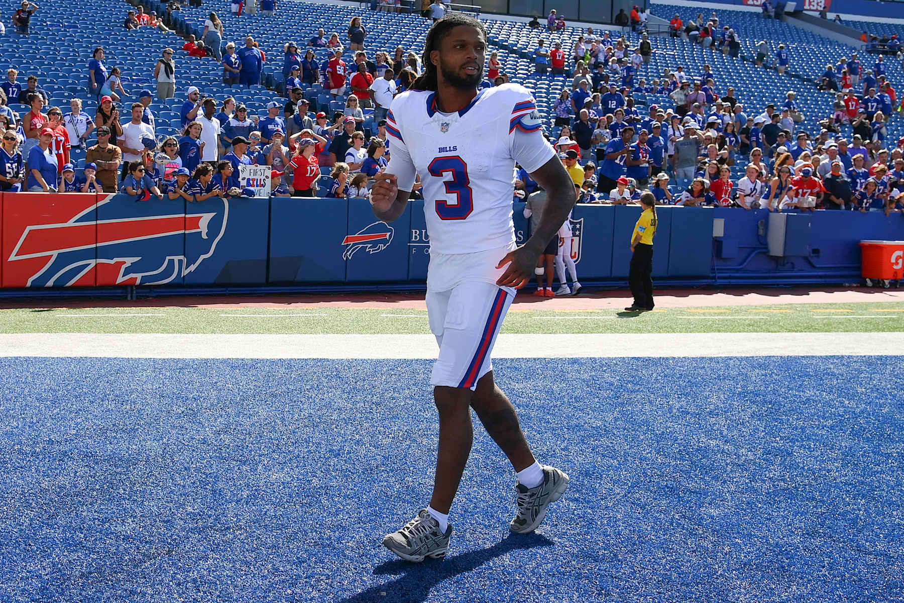 ORCHARD PARK, NEW YORK - AUGUST 10: Damar Hamlin #3 of the Buffalo Bills following a preseason game against the Chicago Bears at Highmark Stadium on August 10, 2024 in Orchard Park, New York. The Bears won 33-6. (Photo by Rich Barnes/Getty Images)
