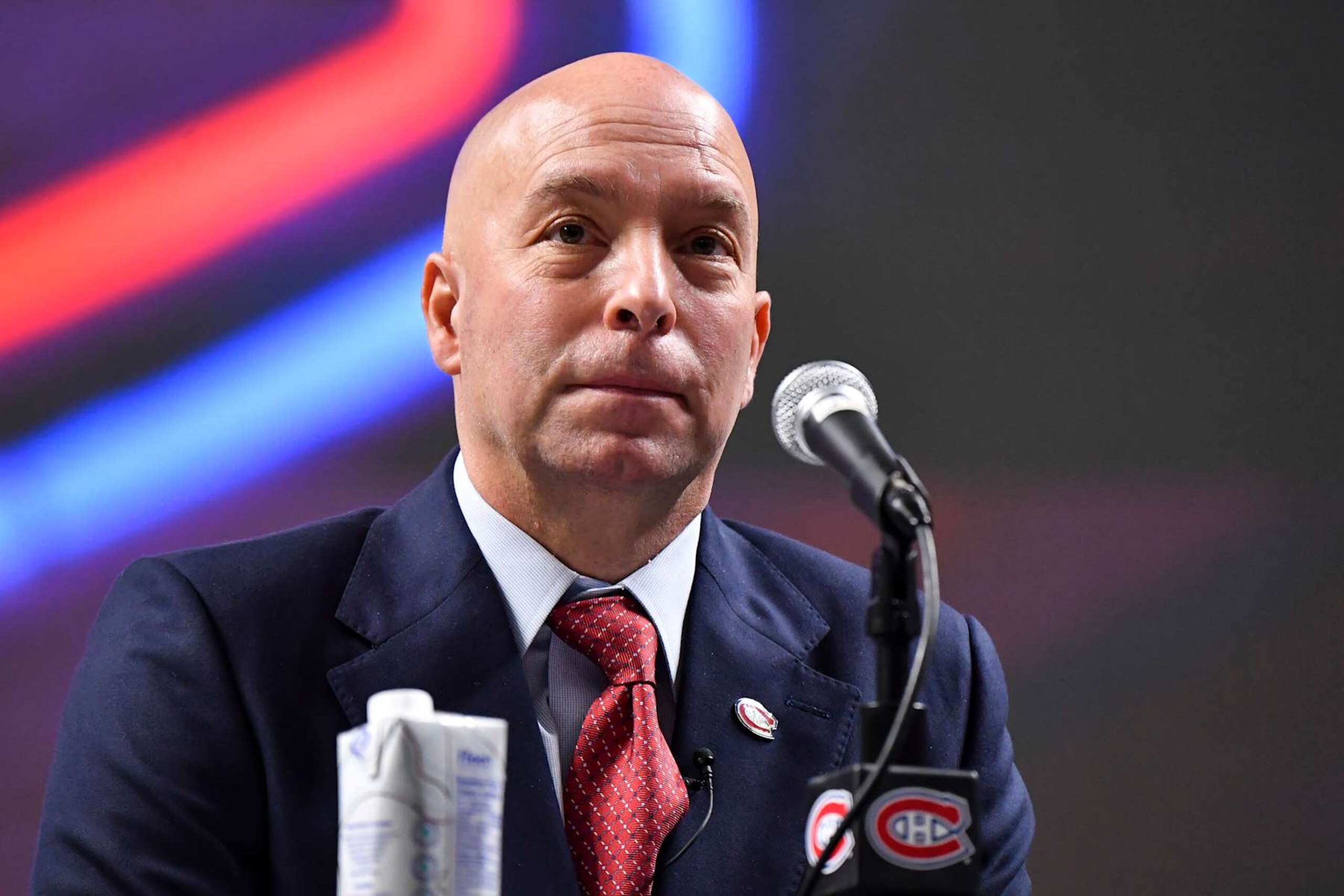 MONTREAL, QC - JANUARY 19:  The newly appointed General Manager of the Montreal Canadiens Kent Hughes addresses the media at Centre Bell on January 19, 2022 in Montreal, Canada.  Kent Hughes becomes the 18th general manager in franchise history.  (Photo by Minas Panagiotakis/Getty Images)