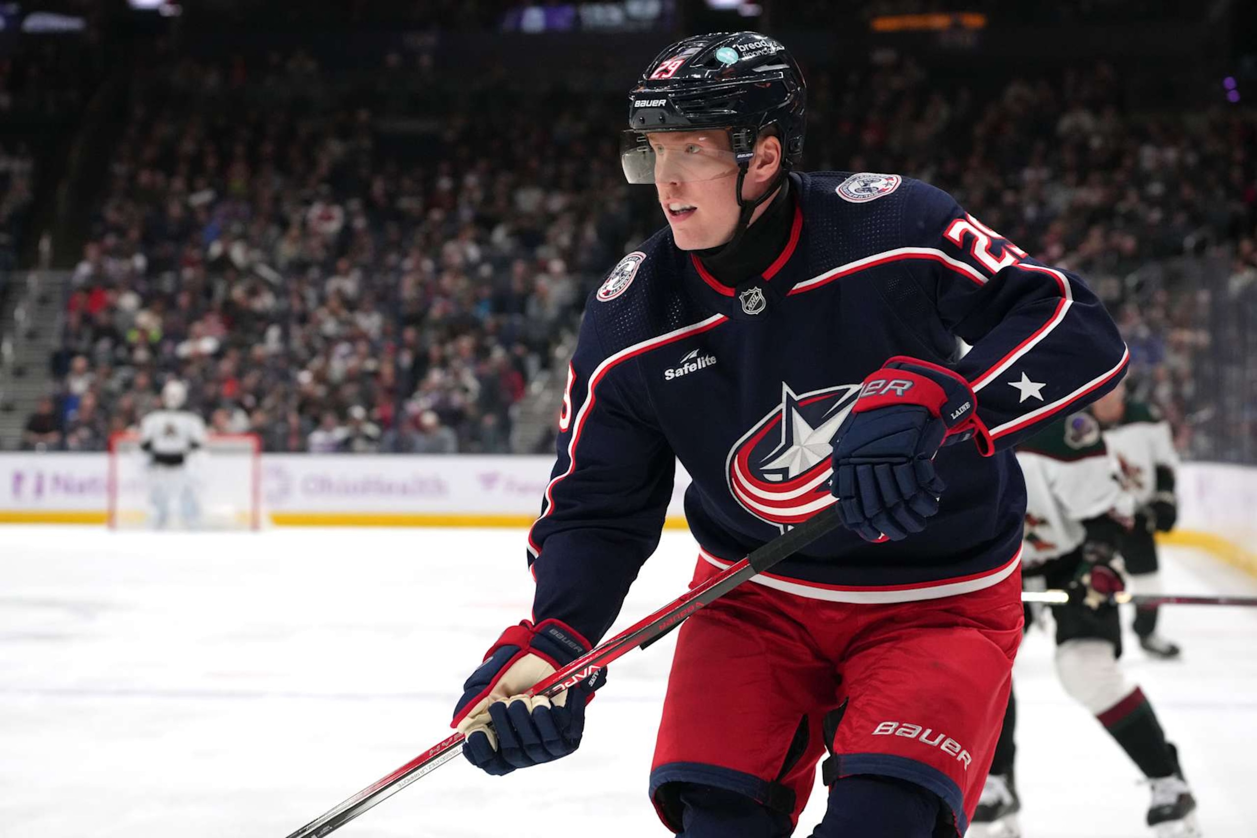 COLUMBUS, OHIO - NOVEMBER 16: Patrik Laine #29 of the Columbus Blue Jackets skates during the first period against the Arizona Coyotes at Nationwide Arena on November 16, 2023 in Columbus, Ohio. (Photo by Jason Mowry/Getty Images)