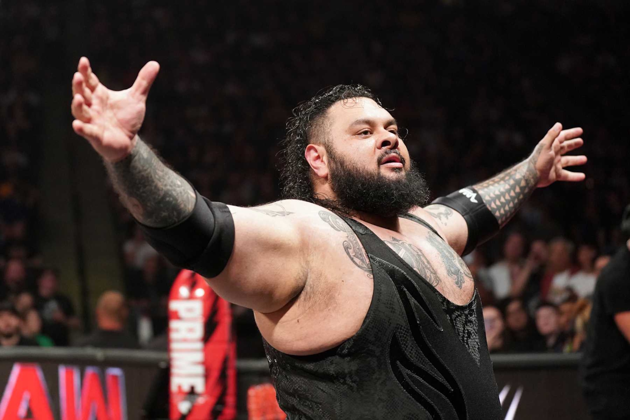 ST PAUL, MINNESOTA - JULY 29: Bronson Reed reacts during WWE's Monday Night RAW at Xcel Energy Center on July 29, 2024 in St Paul, Minnesota.  (Photo by WWE/Getty Images)