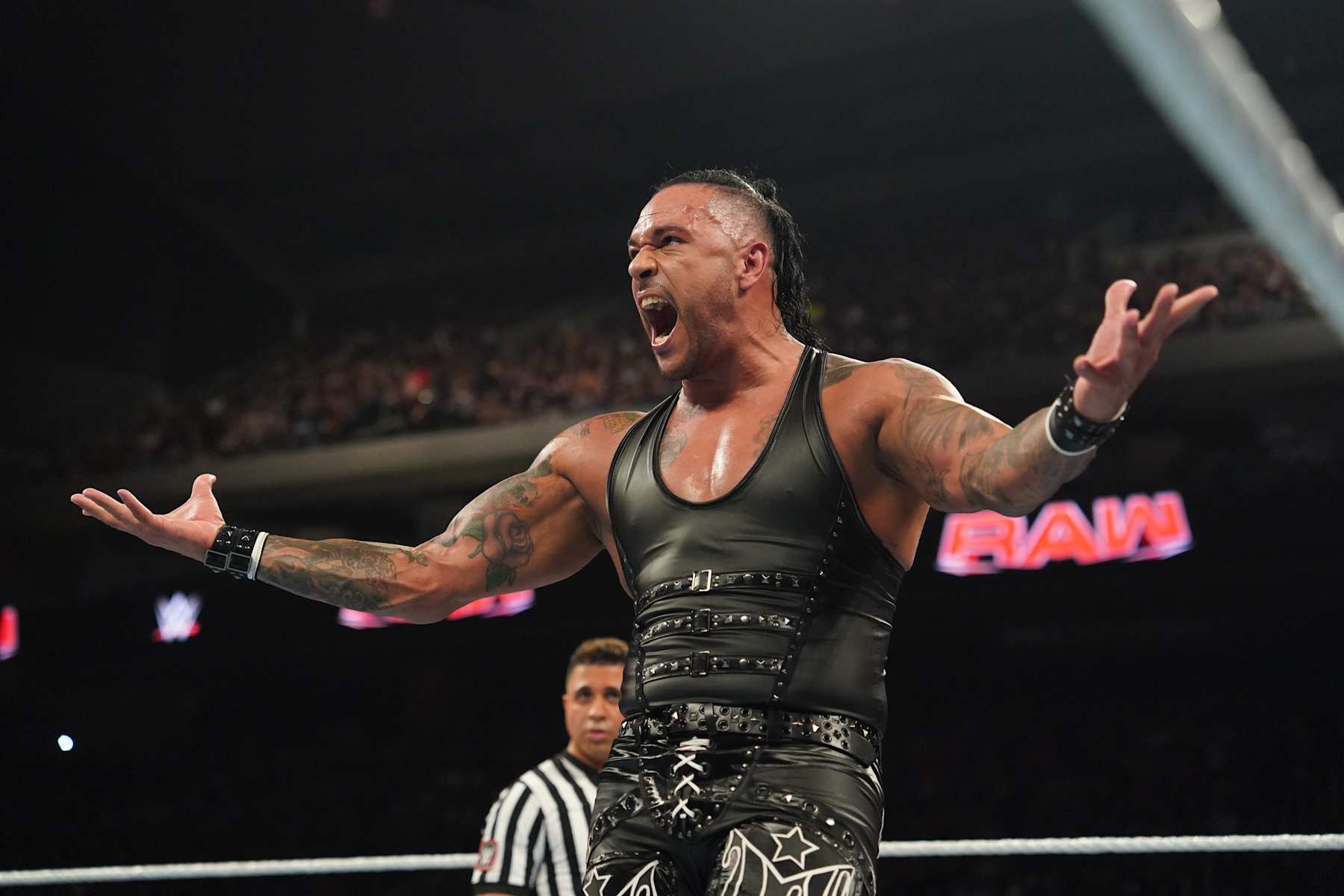 AUSTIN, TEXAS - AUGUST 12: Damian Priest in ring during Monday Night RAW at Moody Center on August 12, 2024 in Austin, Texas.  (Photo by WWE/Getty Images)