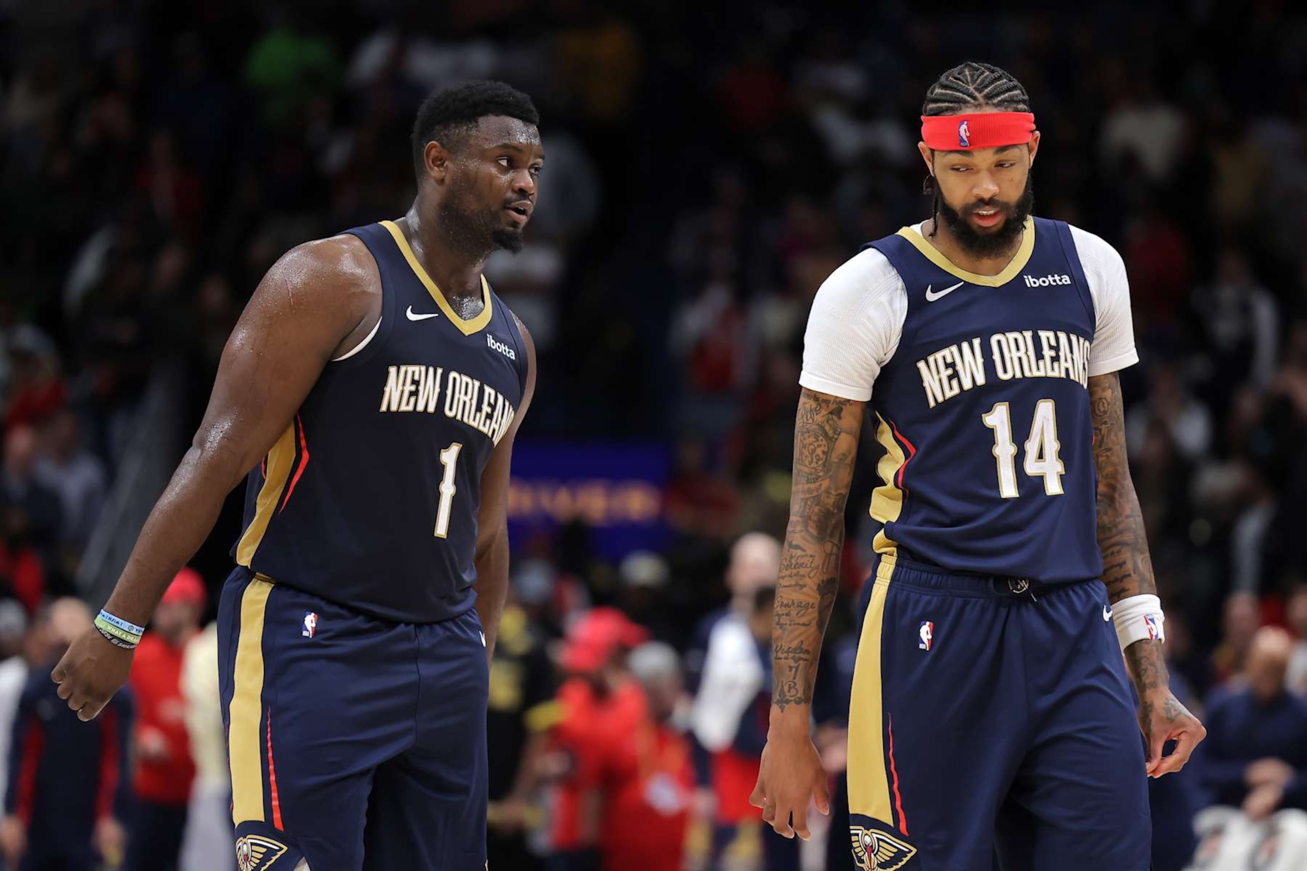 NEW ORLEANS, LOUISIANA - NOVEMBER 22: Zion Williamson #1 and Brandon Ingram #14 of the New Orleans Pelicans talk against the Sacramento Kings during the second half at the Smoothie King Center on November 22, 2023 in New Orleans, Louisiana. NOTE TO USER: User expressly acknowledges and agrees that, by downloading and or using this Photograph, user is consenting to the terms and conditions of the Getty Images License Agreement. (Photo by Jonathan Bachman/Getty Images)