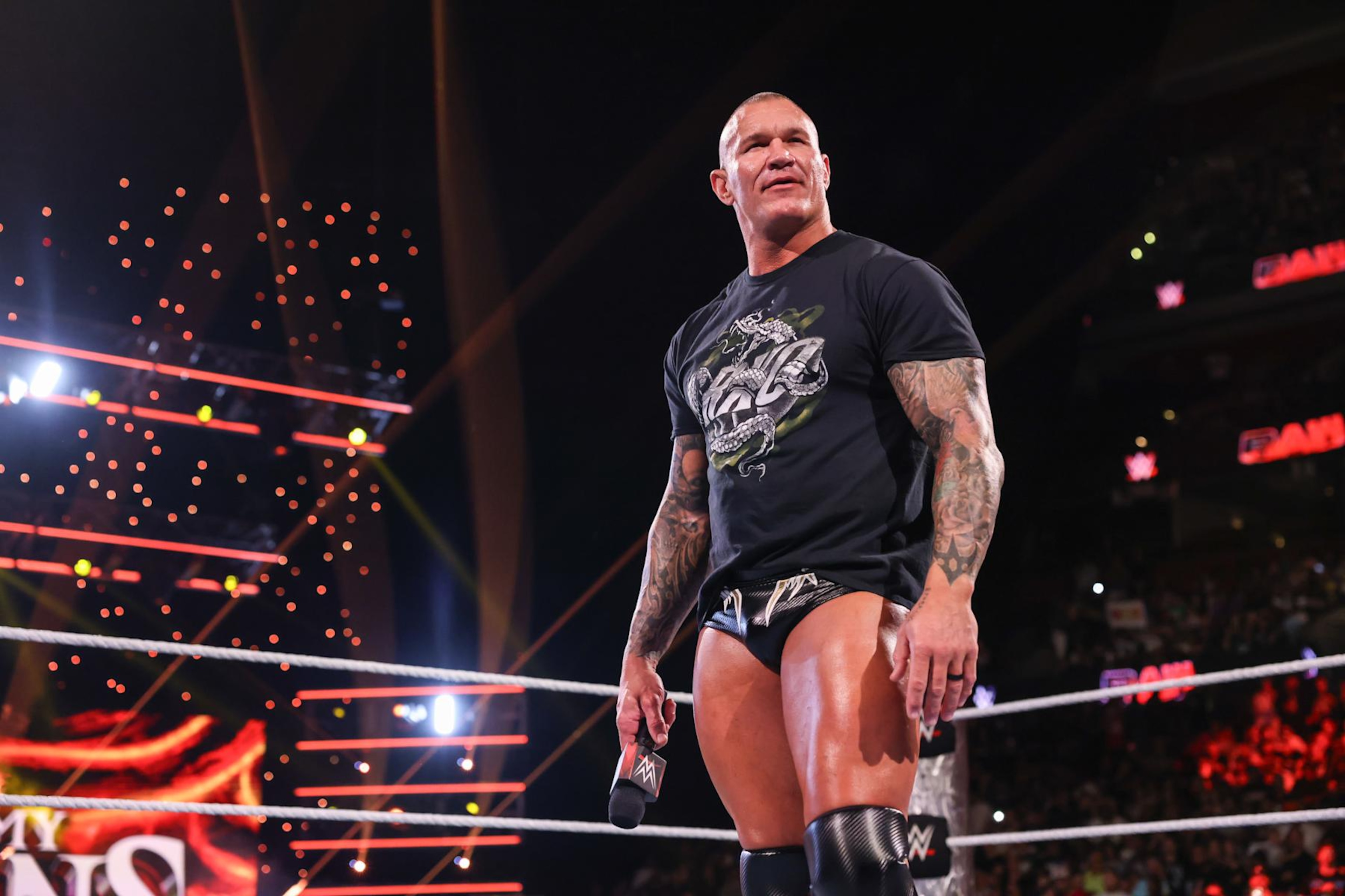 SUNRISE, FLORIDA - AUGUST 19: Randy Orton looks on during Monday Night RAW at Amerant Bank Arena on August 19, 2024 in Sunrise, Florida.  (Photo by WWE/Getty Images)