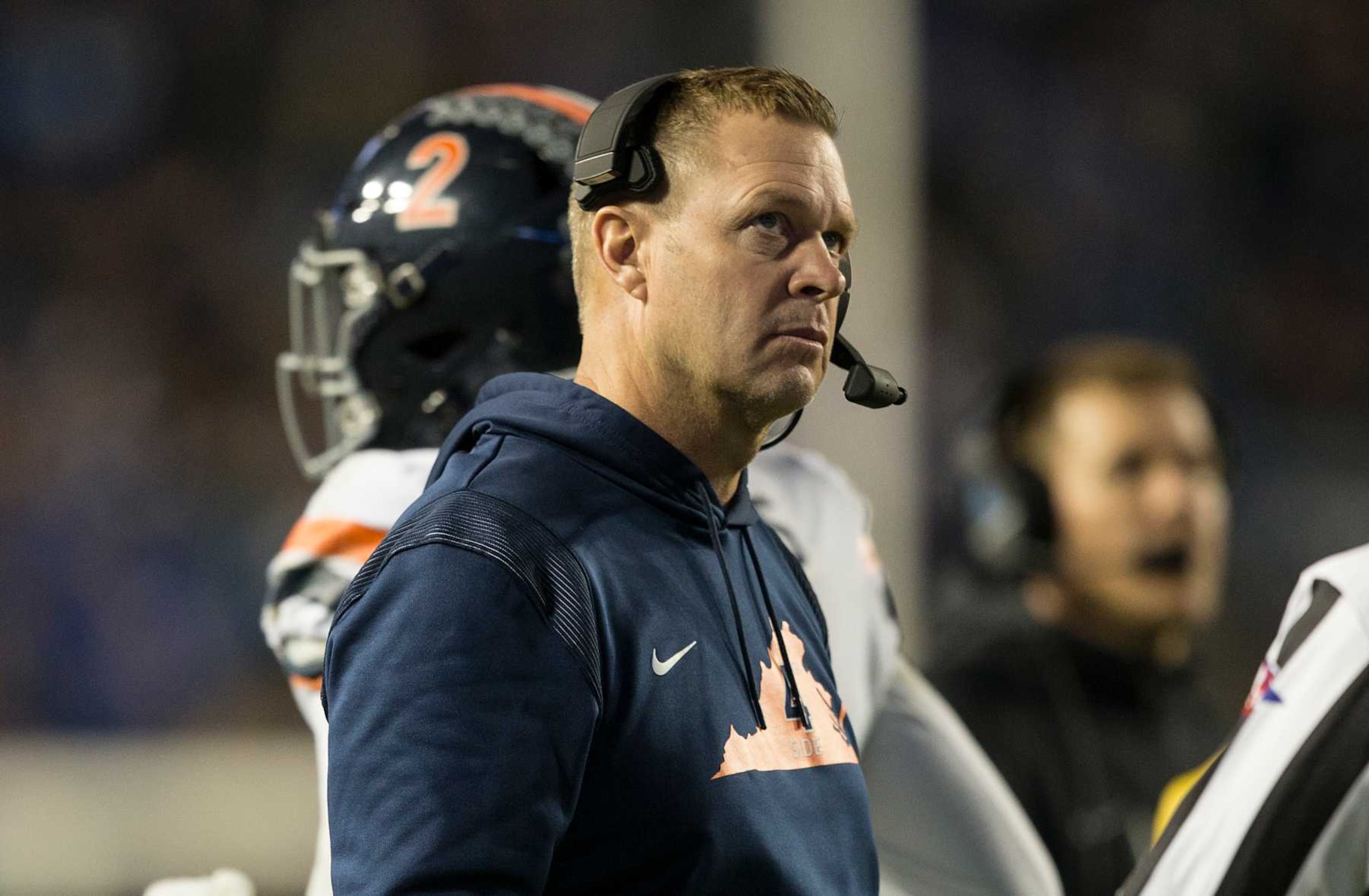 PROVO, UT -  OCTOBER 30: Bronco Mendenhall head coach of the Virginia Cavaliers watches a replay in the final minutes of their game against the BYU Cougars October 30, 2021 at the LaVell Edwards Stadium in Provo, Utah. (Photo by Chris Gardner/Getty Images)