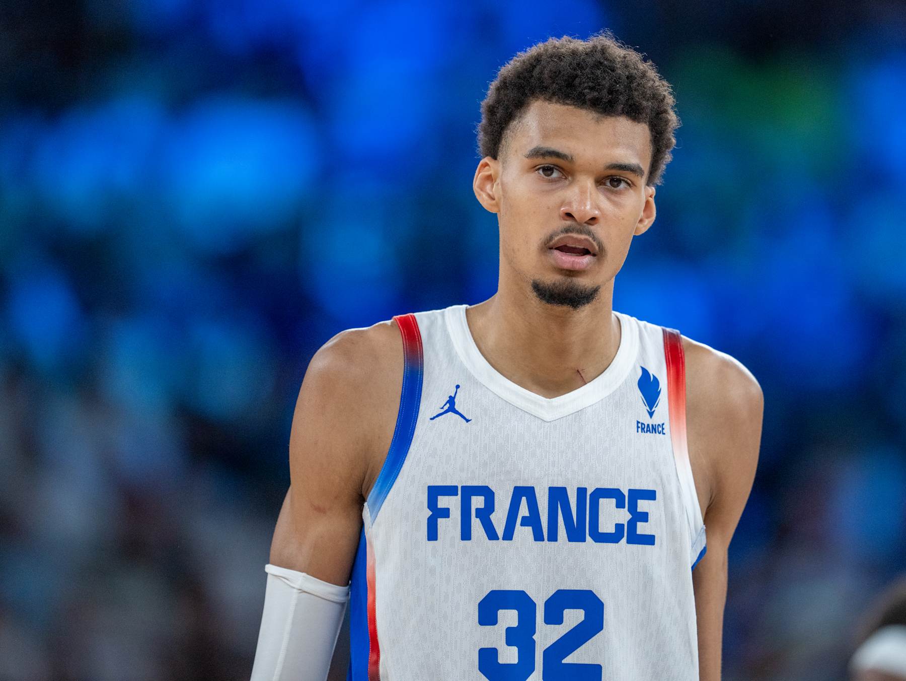 PARIS, FRANCE - AUGUST 10: Victor Wembanyama (32) of Team France looks on during the Men's Gold Medal game between Team France and Team United States on day fifteen of the Olympic Games Paris 2024 at Bercy Arena on August 10, 2024 in Paris, France. (Photo by Aytac Unal/Anadolu via Getty Images)