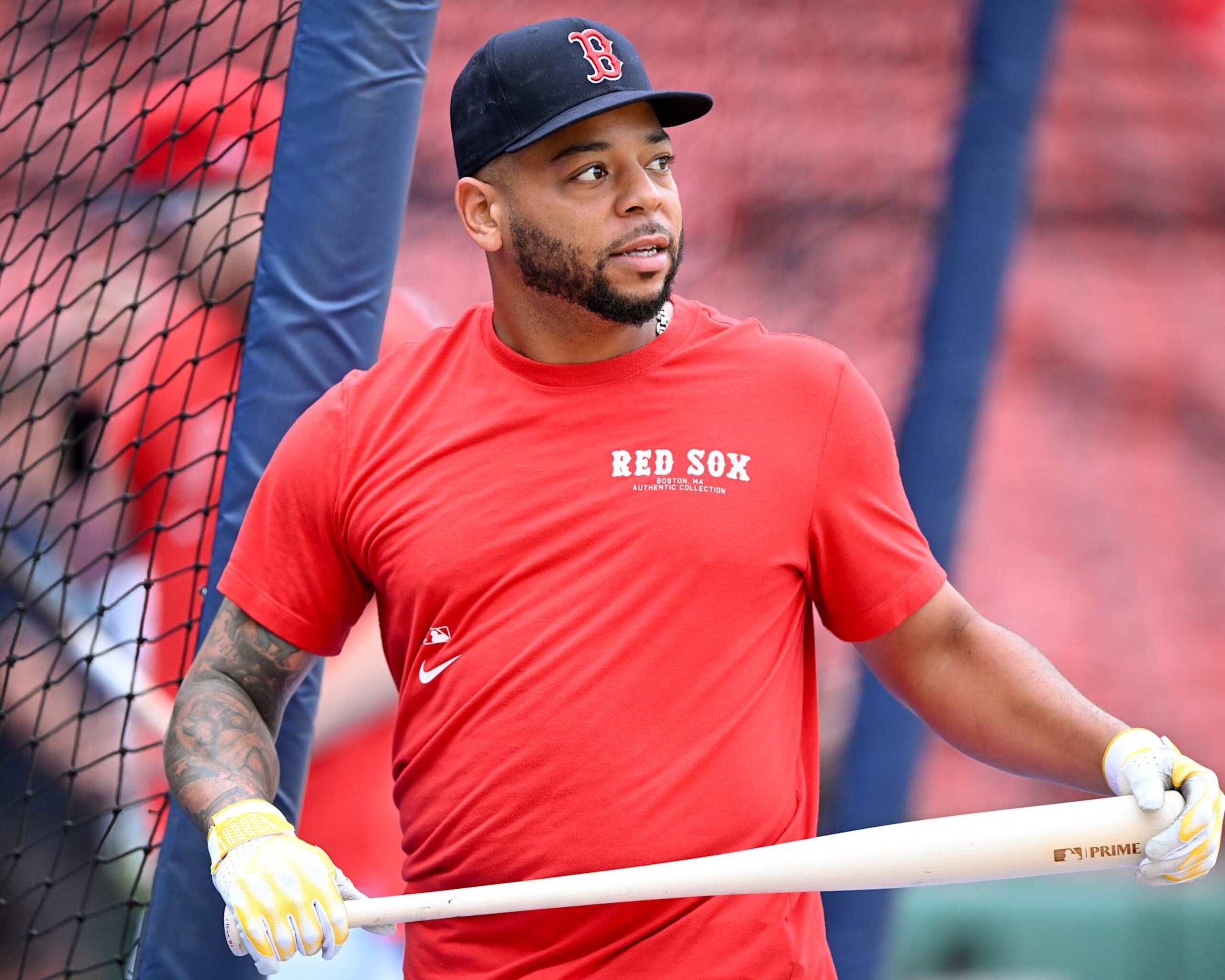 BOSTON, MASSACHUSETTS - JULY 29: Dominic Smith #2 of the Boston Red Sox takes batting practice before a game against the Seattle Mariners at Fenway Park on July 29, 2024 in Boston, Massachusetts. (Photo by Brian Fluharty/Getty Images)