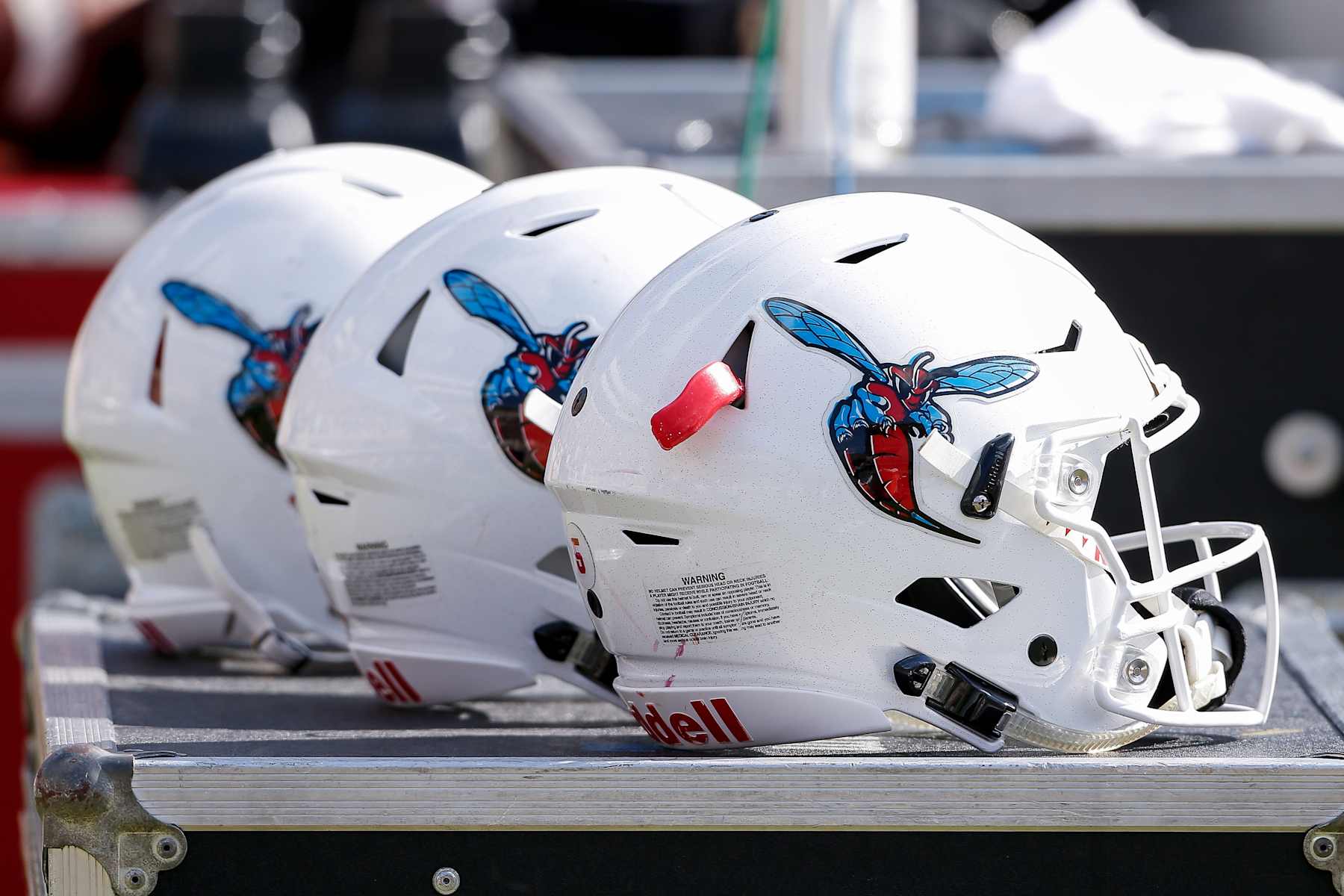 TALLAHASSEE, FL - NOVEMBER 18: A general view of the Delaware State Hornets Helmets during the game against the Florida State Seminoles at Doak Campbell Stadium on Bobby Bowden Field on November 18, 2017 in Tallahassee, Florida. Florida State defeated Delaware State 77 to 6. (Photo by Don Juan Moore/Getty Images)