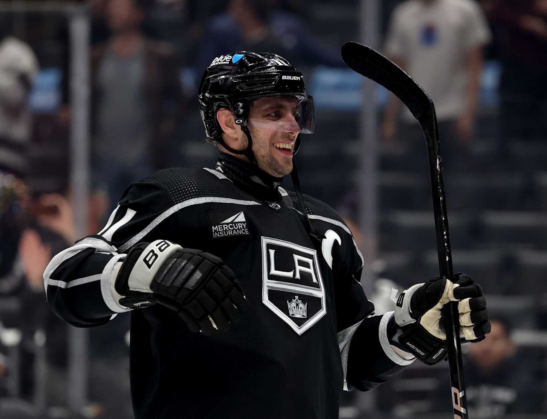LOS ANGELES, CALIFORNIA - MARCH 19: Anze Kopitar #11 of the Los Angeles Kings celebrates a 6-2 Los Angeles Kings win at Crypto.com Arena on March 19, 2024 in Los Angeles, California. (Photo by Harry How/Getty Images)