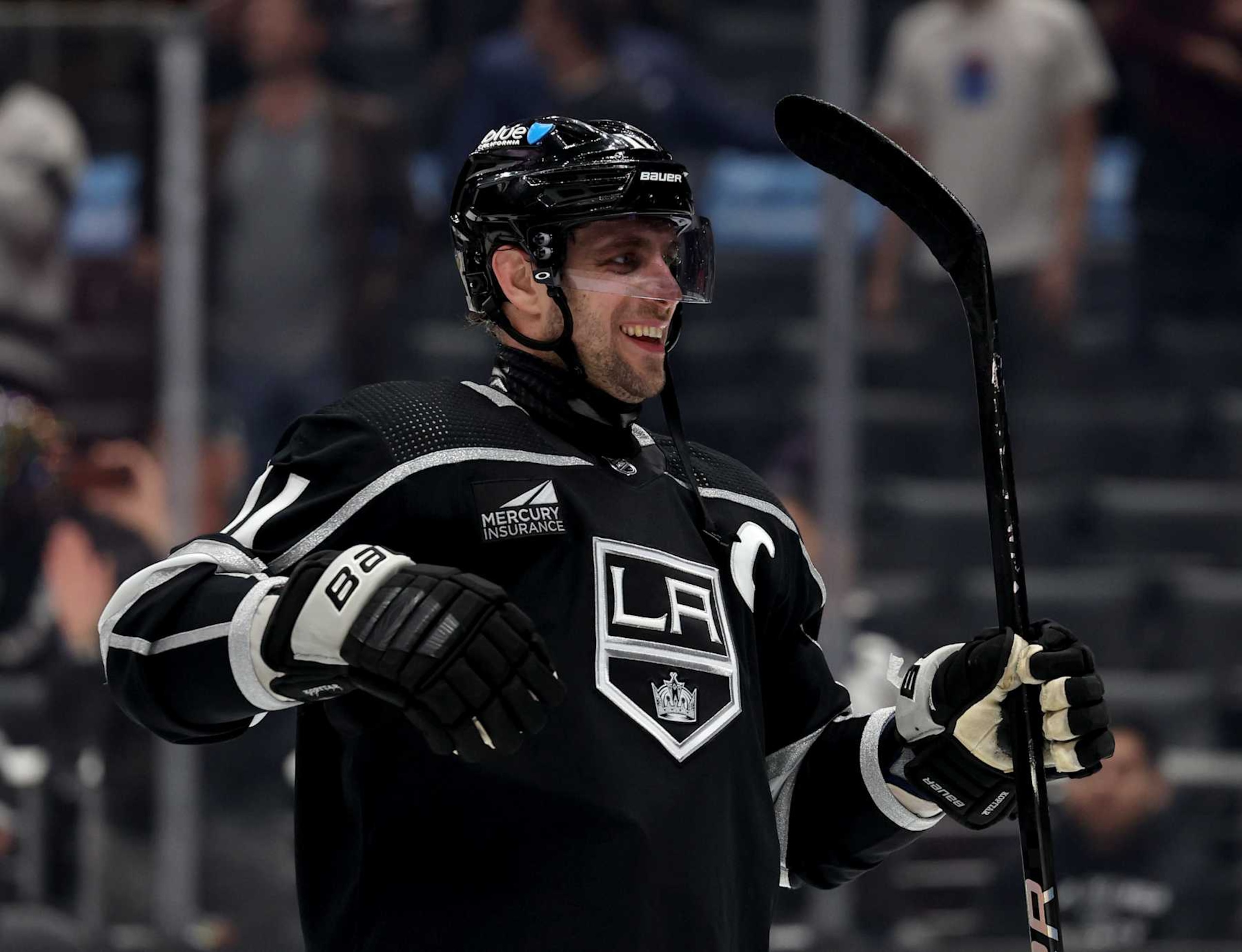 LOS ANGELES, CALIFORNIA - MARCH 19: Anze Kopitar #11 of the Los Angeles Kings celebrates a 6-2 Los Angeles Kings win at Crypto.com Arena on March 19, 2024 in Los Angeles, California. (Photo by Harry How/Getty Images)