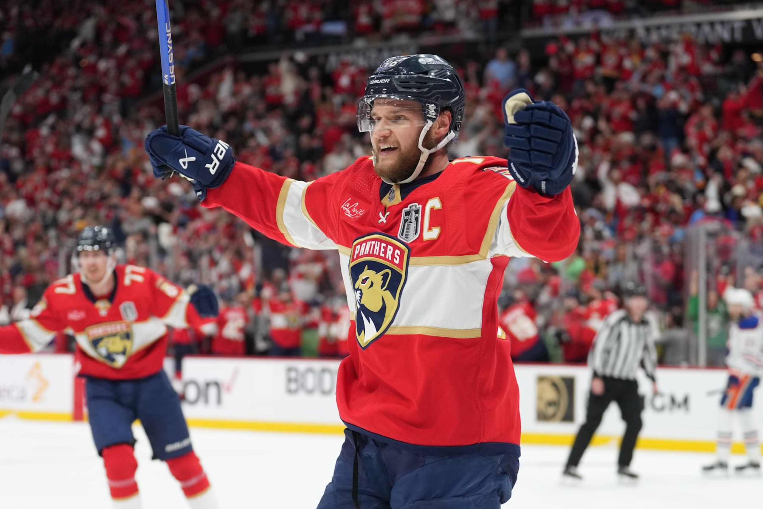 SUNRISE, FL - JUNE 24: Florida Panthers center Aleksander Barkov (16) celebates a goal in the second period during game seven of the Stanley Cup Finals between the Edmonton Oilers and the Florida Panthers on Monday, June 24, 2024  at Amerant Bank Arena in Sunrise, Fla. (Photo by Peter Joneleit/Icon Sportswire via Getty Images)