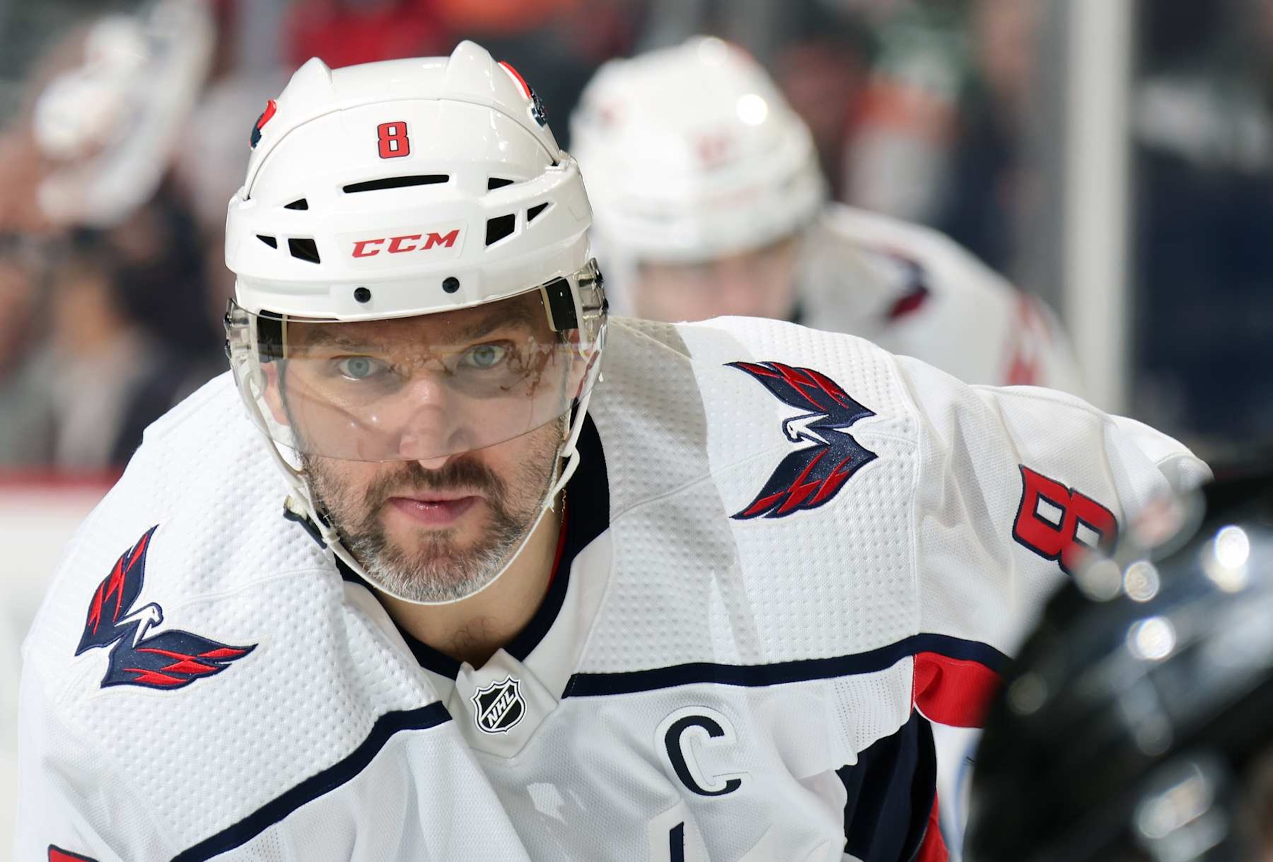 PHILADELPHIA, PENNSYLVANIA - APRIL 16:  Alex Ovechkin #8 of the Washington Capitals looks on against the Philadelphia Flyers at the Wells Fargo Center on April 16, 2024 in Philadelphia, Pennsylvania.  (Photo by Len Redkoles/NHLI via Getty Images)