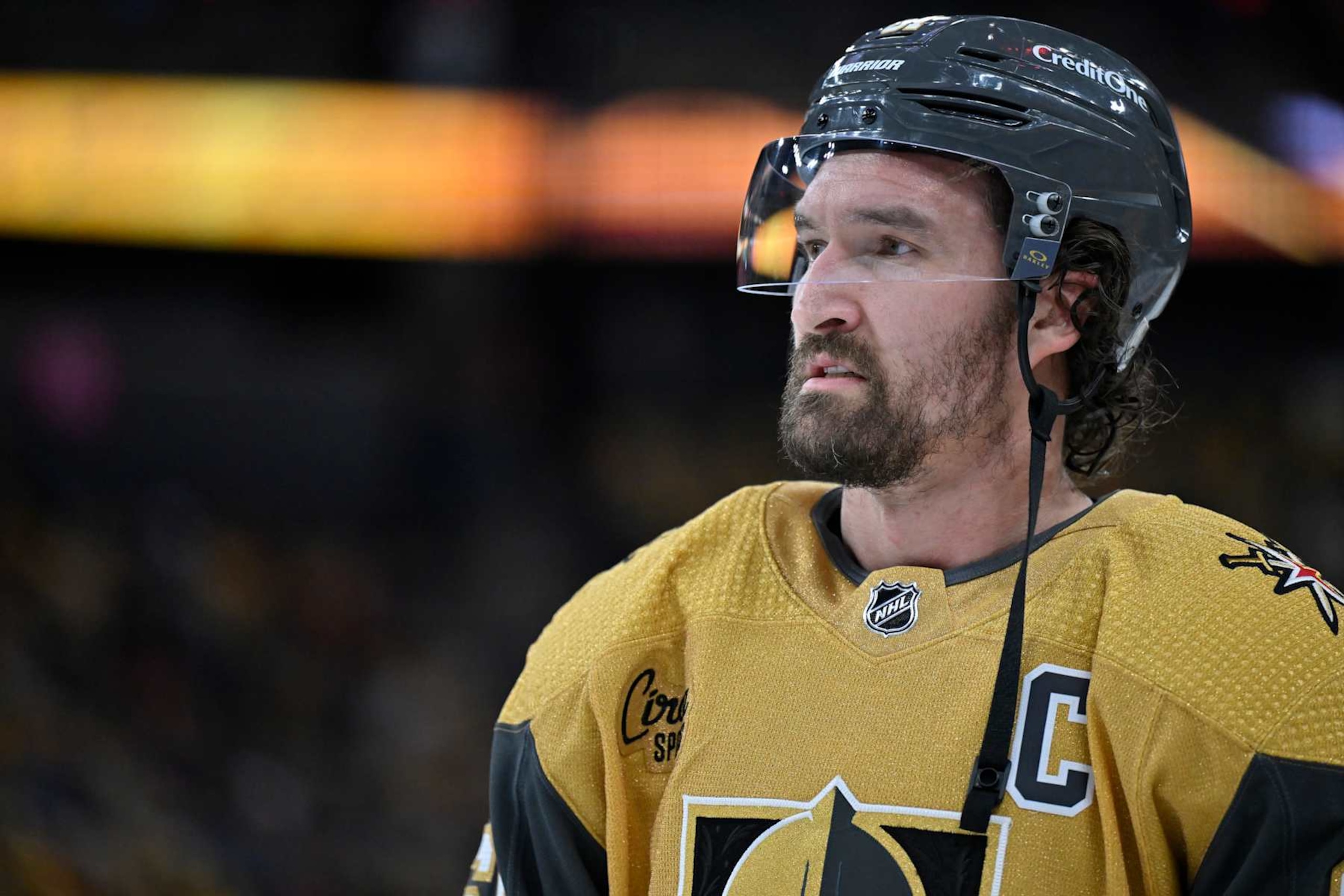 LAS VEGAS, NEVADA - APRIL 27: Mark Stone #61 of the Vegas Golden Knights warms up prior to Game Three of the First Round of the 2024 Stanley Cup Playoffs against the Dallas Stars at T-Mobile Arena on April 27, 2024 in Las Vegas, Nevada.  (Photo by David Becker/NHLI via Getty Images)