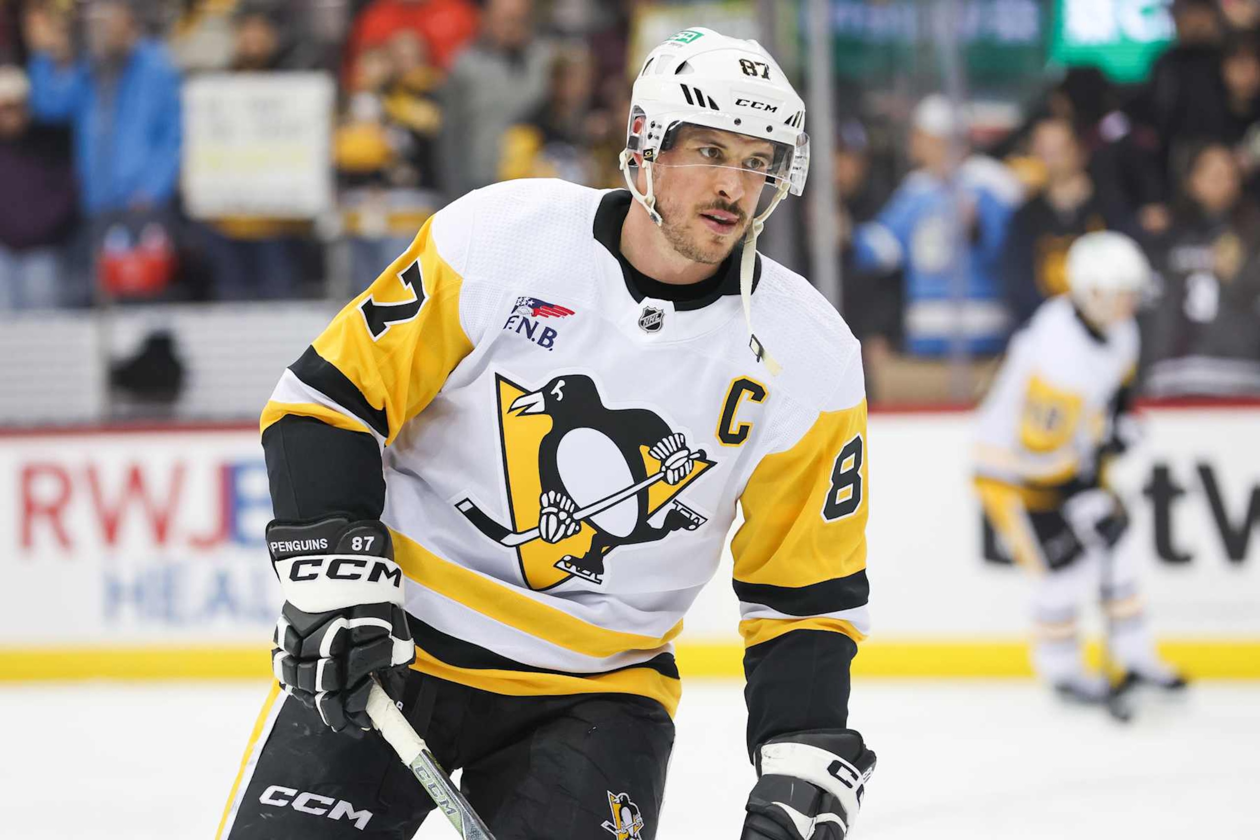 NEWARK, NJ - APRIL 02: Pittsburgh Penguins center Sidney Crosby (87) warms up before a game between the Pittsburgh Penguins and New Jersey Devils on April 2, 2024 at Prudential Center in the Newark, New Jersey. (Photo by Andrew Mordzynski/Icon Sportswire via Getty Images)