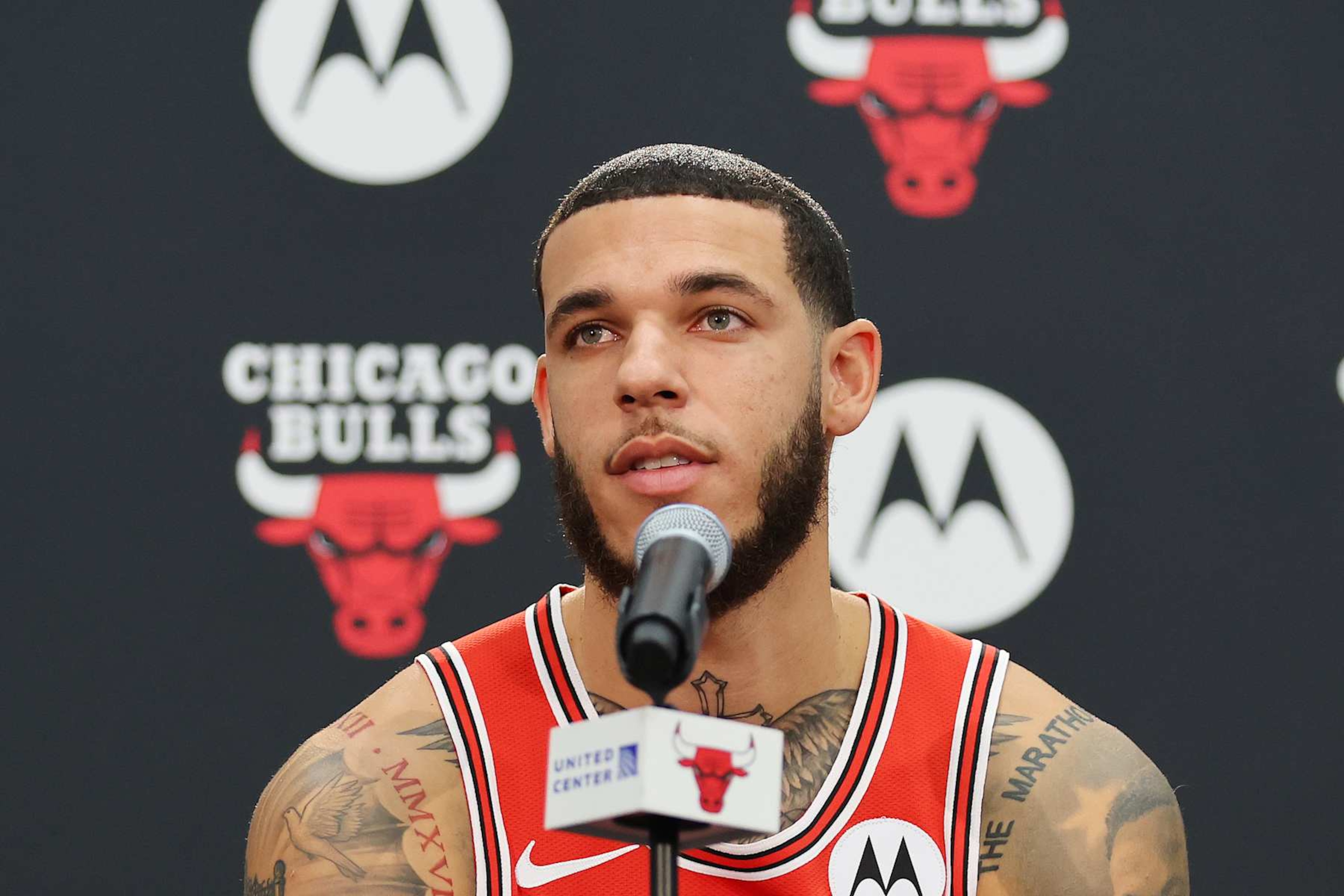 CHICAGO, ILLINOIS - OCTOBER 02: Lonzo Ball #2 of the Chicago Bulls answers questions from reporters during Media Day at Advocate Center on October 02, 2023 in Chicago, Illinois. (Photo by Michael Reaves/Getty Images) CHICAGO, ILLINOIS - OCTOBER 02: Lonzo Ball #2 of the Chicago Bulls answers questions from reporters during Media Day at Advocate Center on October 02, 2023 in Chicago, Illinois. (Photo by Michael Reaves/Getty Images)