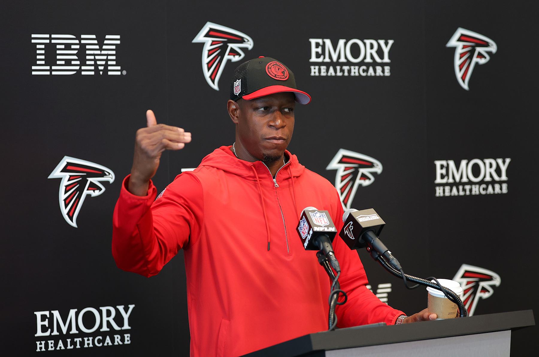 FLOWERY BRANCH, GEORGIA - MAY 14:  Head coach Raheem Morris of the Atlanta Falcons speaks to the media during OTA offseason workouts at the Atlanta Falcons training facility on May 14, 2024 in Flowery Branch, Georgia. (Photo by Kevin C. Cox/Getty Images)