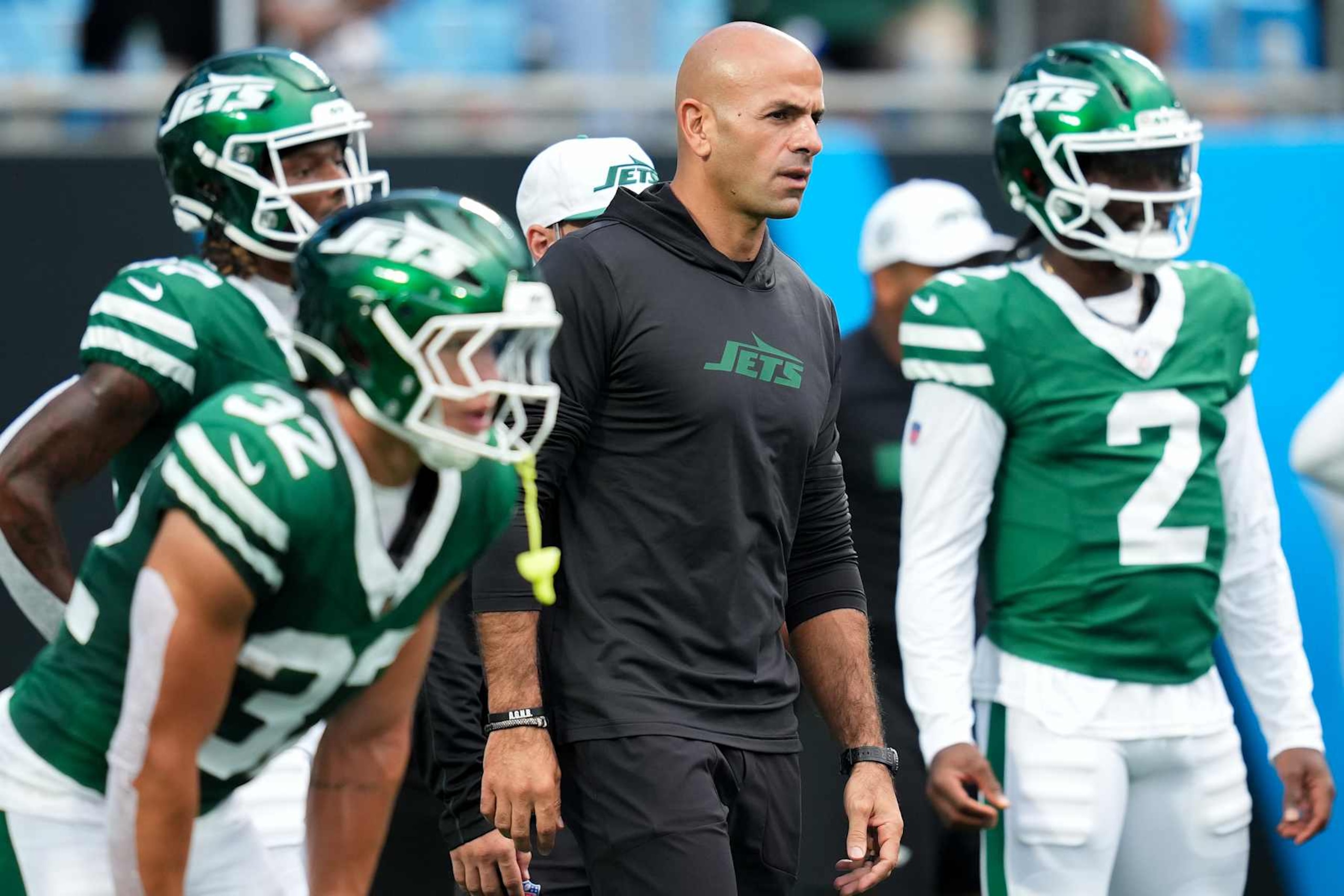 CHARLOTTE, NORTH CAROLINA - AUGUST 17: Head coach Robert Saleh of the New York Jets looks on before their preseason game against the Carolina Panthers at Bank of America Stadium on August 17, 2024 in Charlotte, North Carolina. (Photo by Grant Halverson/Getty Images)
